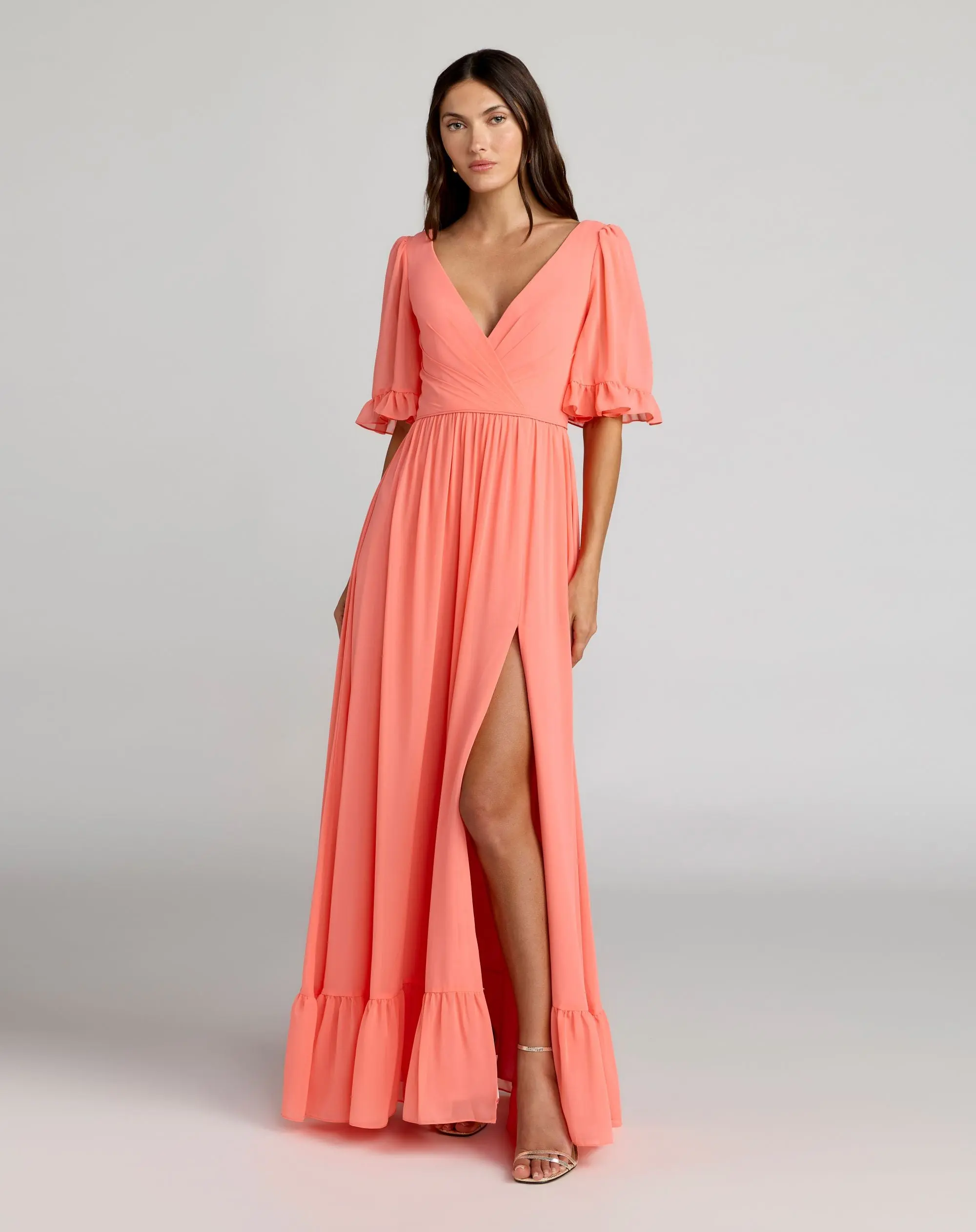 Pink Faux Wrap Ruffle Trim A-Line Gown - Special Events Unlimited