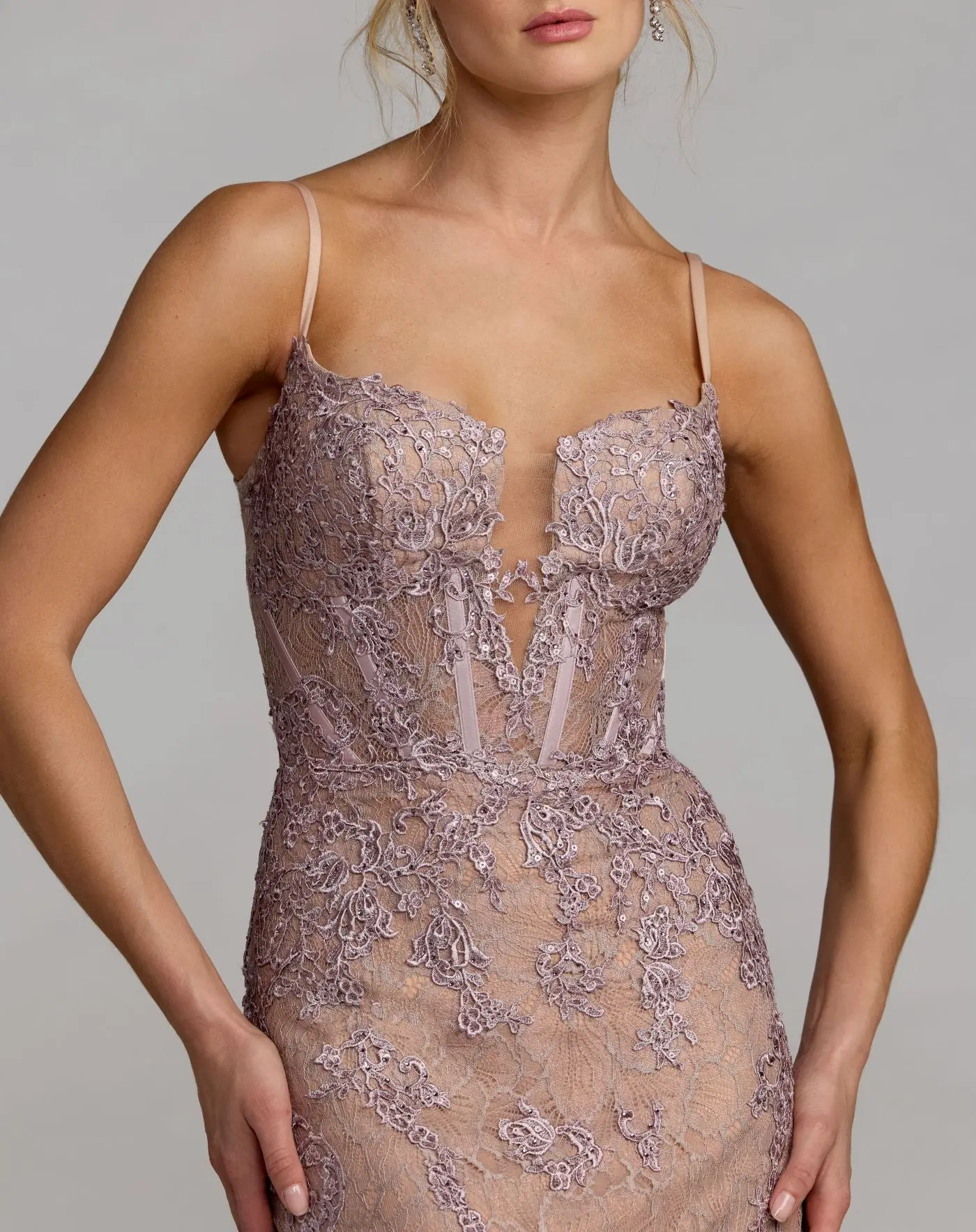 Pink Embroidered Lace Sleeveless Mermaid Gown - Special Events Unlimited