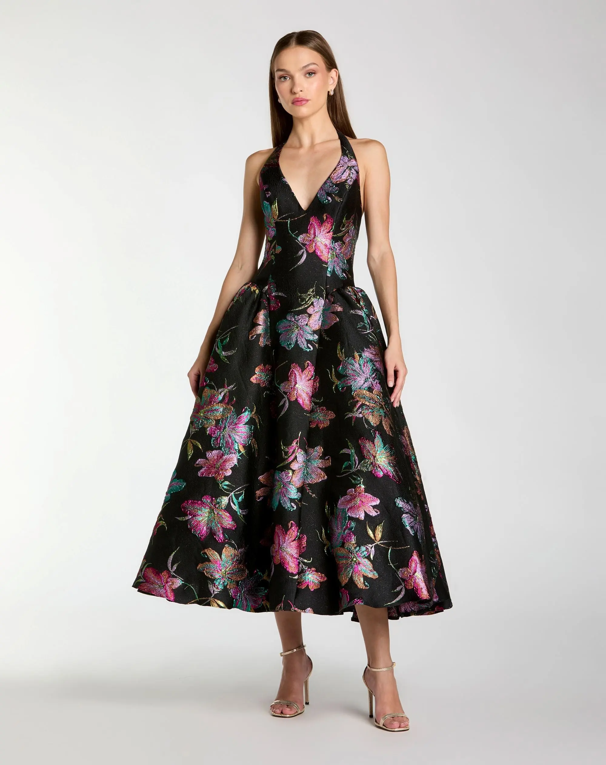 Black Brocade Halter Neck Open Back Midi Dress - Special Events Unlimited