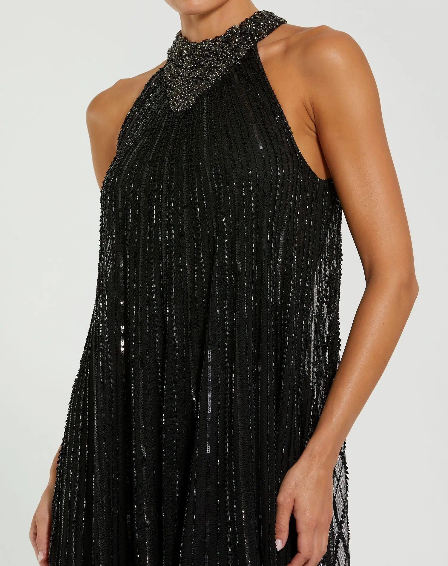 Black Sleeveless Halter Neck Embellished Trapeze Gown - Special Events Unlimited