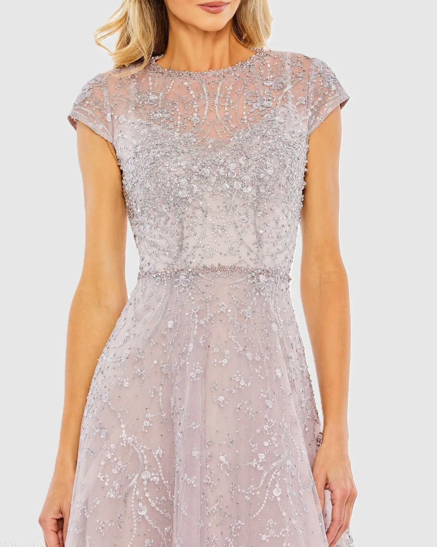 Purple Embellished High Neck Cap Sleeve A Line Dress - Special Events Unlimited