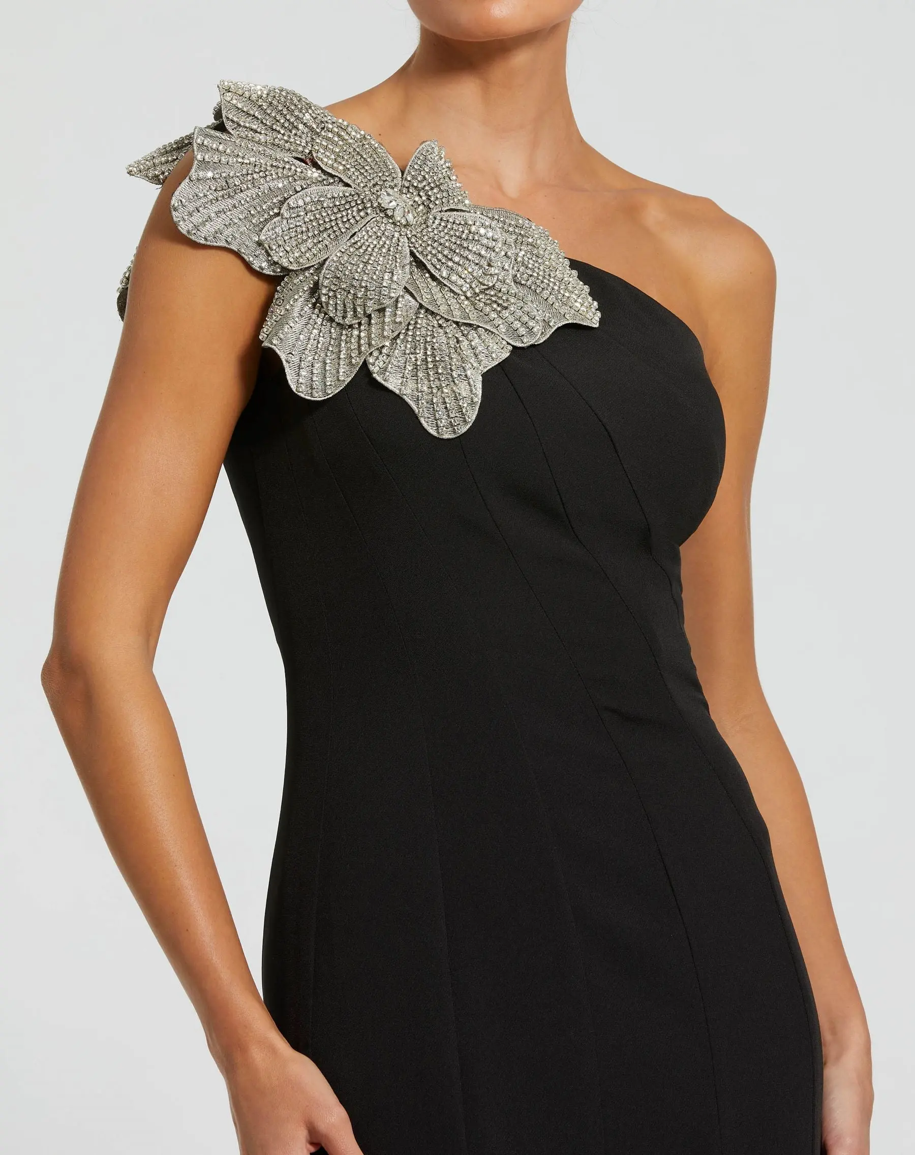 Black Crepe One Shoulder Gown With Crystal Flower - Special Events Unlimited