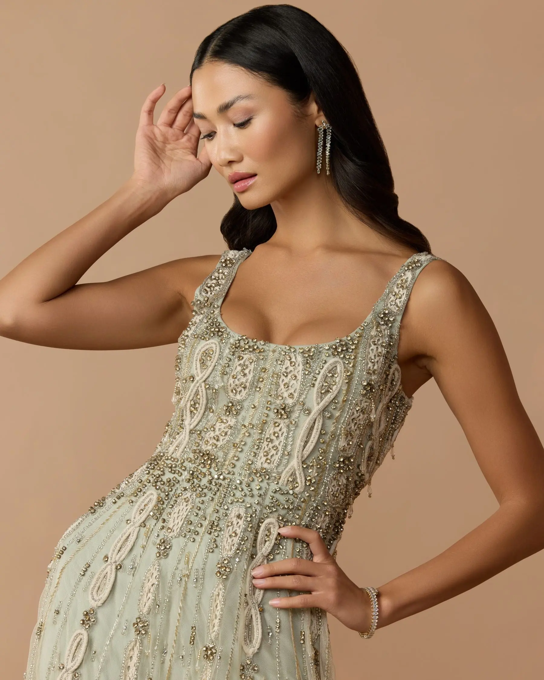 Green Sleeveless Scoop Neck Embellished Midi Dress - Special Events Unlimited