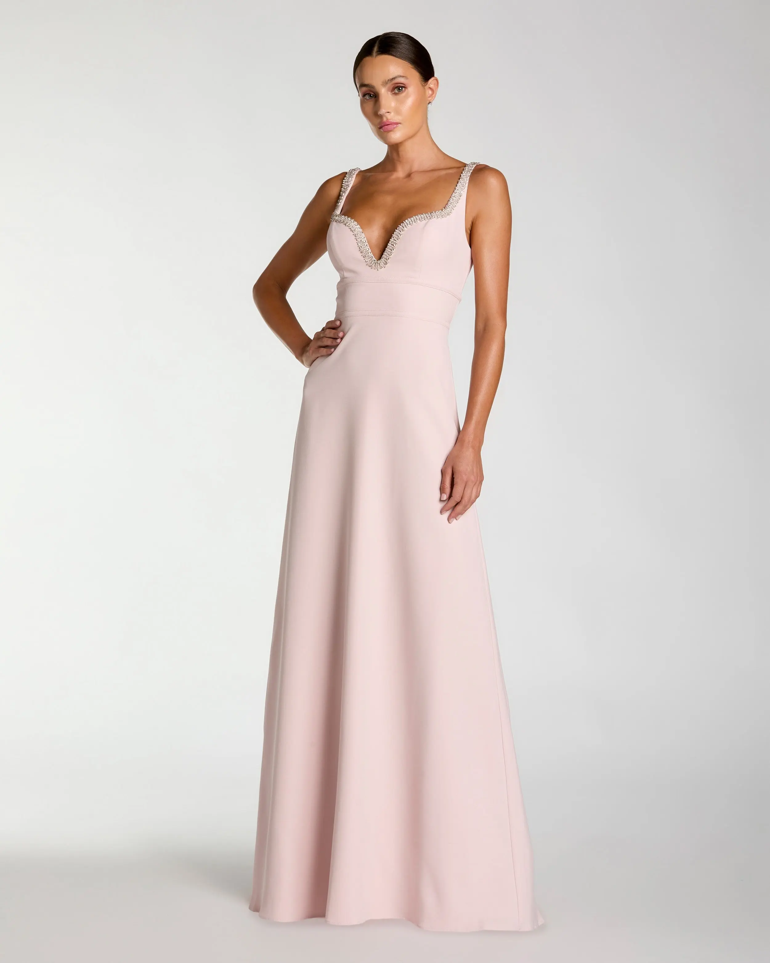 Light Pink Crepe A-Line Gown With Rhinestone Trim - Special Events Unlimited