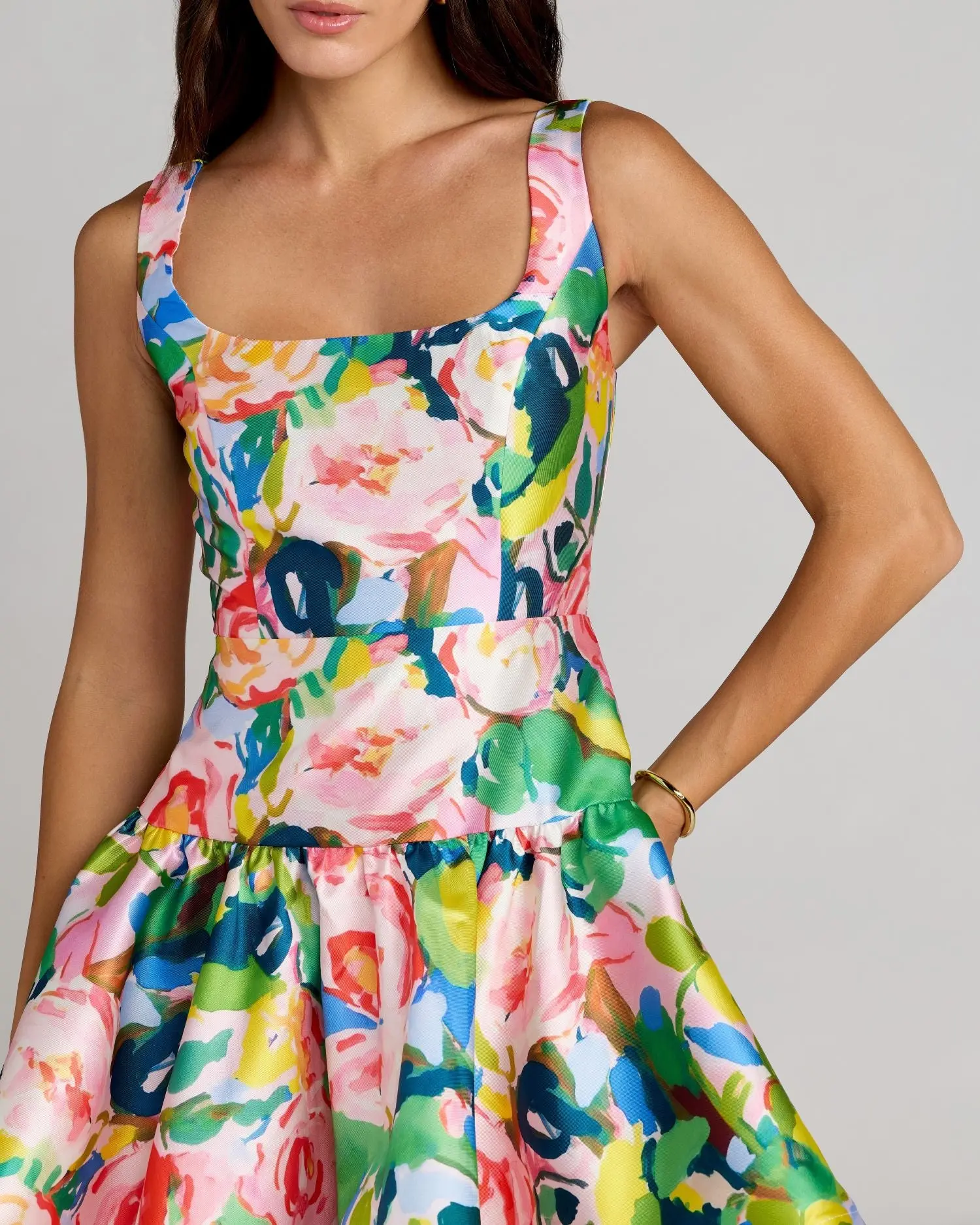 Multicolor Floral Tiered Square Neck Midi Dress - Special Events Unlimited