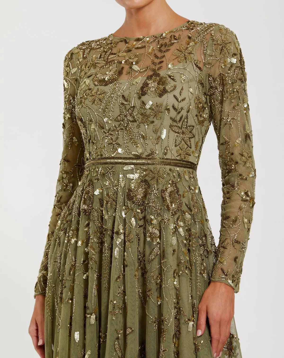 Green Long Sleeve Hand Embellished Floral A-line Gown - Special Events Unlimited