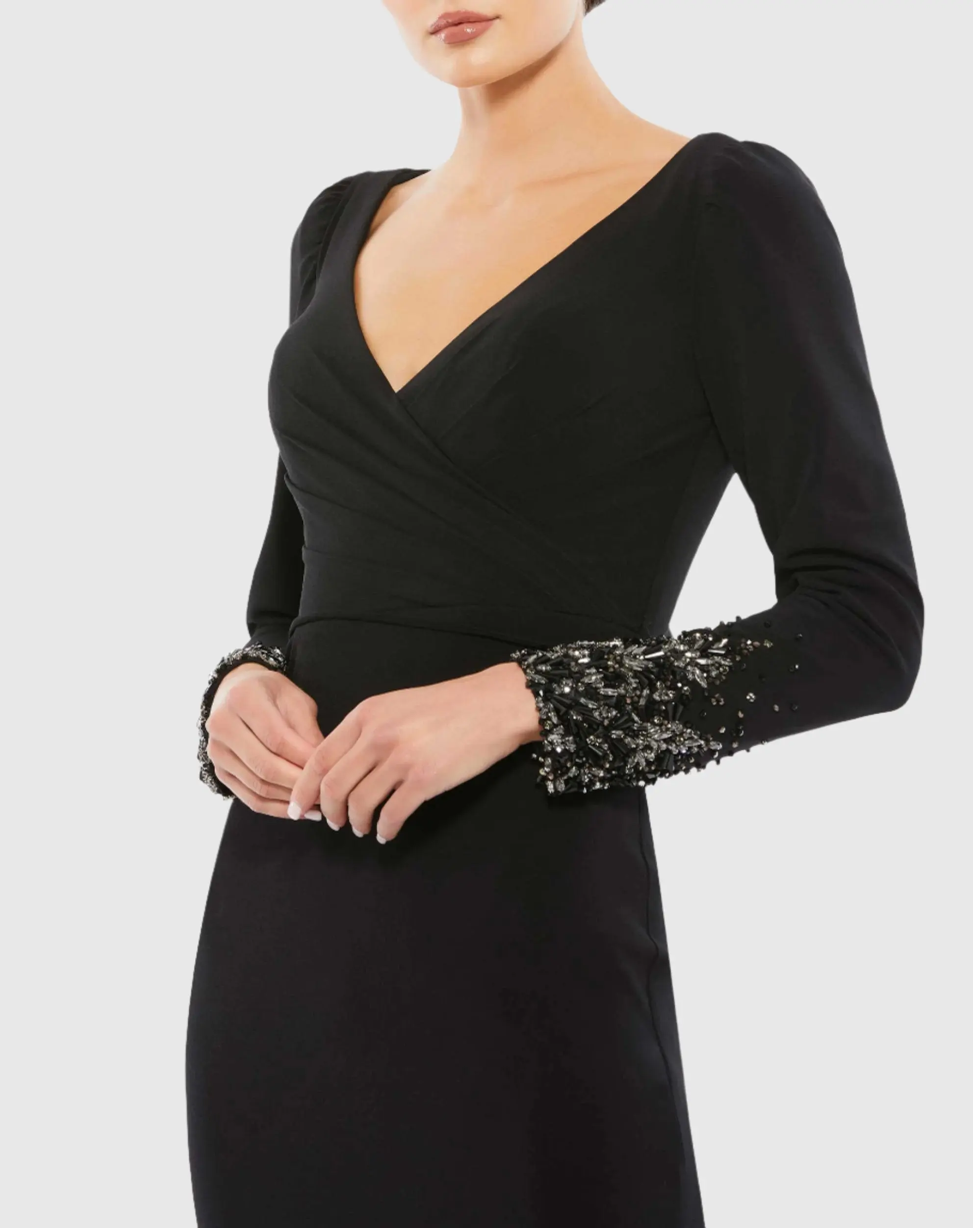 Black Beaded Cuff Long Sleeve Wrap Over Trumpet Gown - Special Events Unlimited