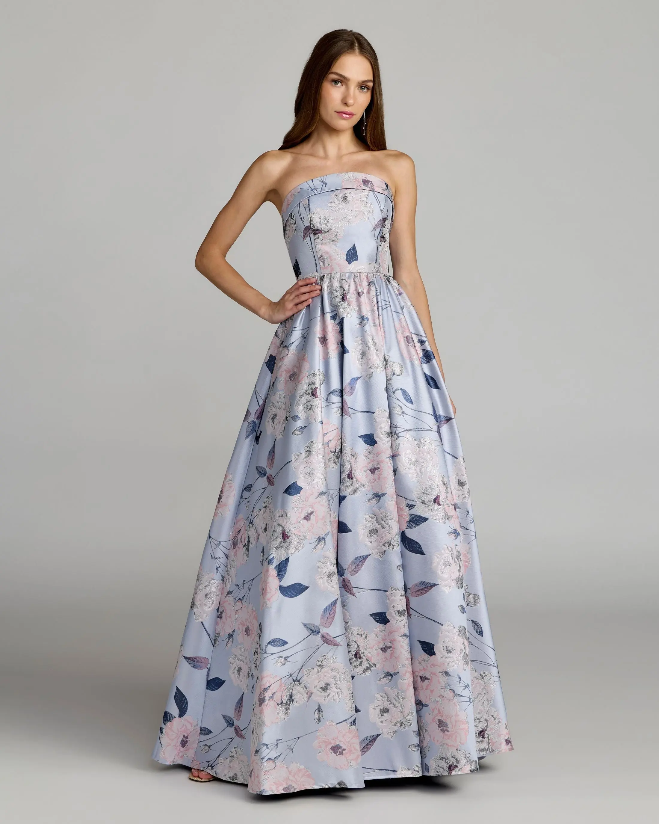 Blue Floral Brocade Strapless Ball Gown - Special Events Unlimited