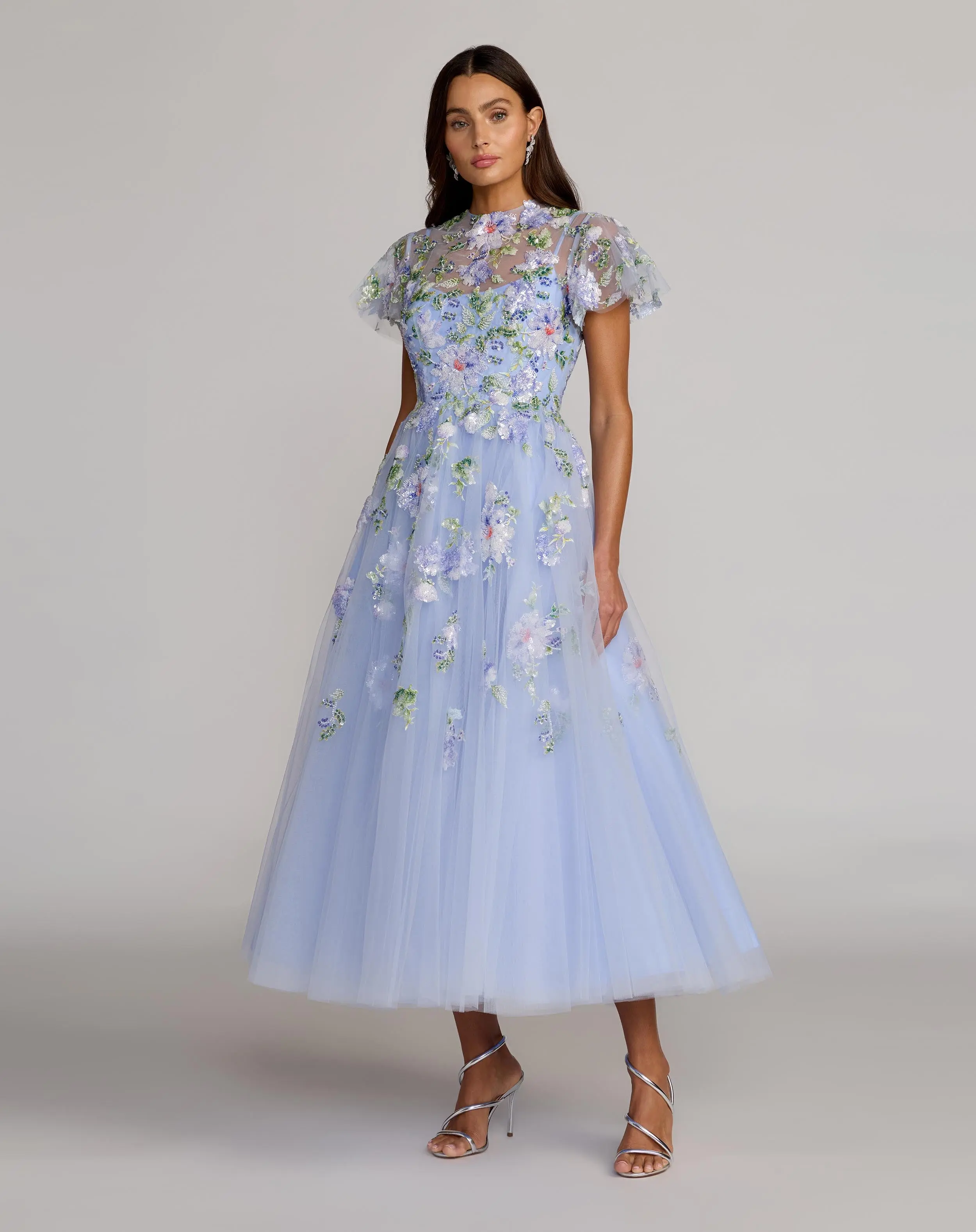 Blue Flutter Sleeve Embroidered A-Line Midi Dress - Special Events Unlimited