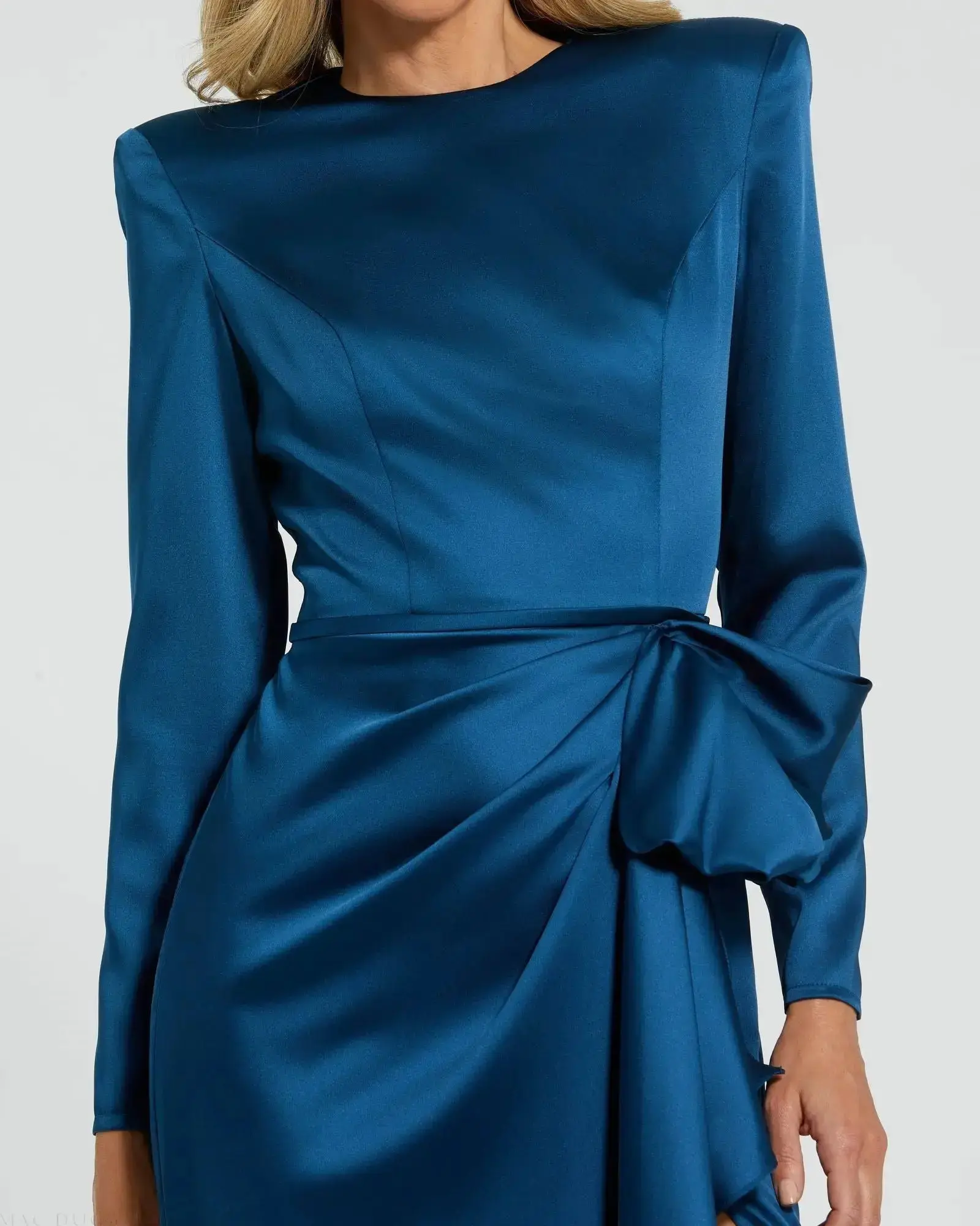 Petite Blue Long Sleeve Satin Structured Bow Draped Column Gown - Special Events Unlimited