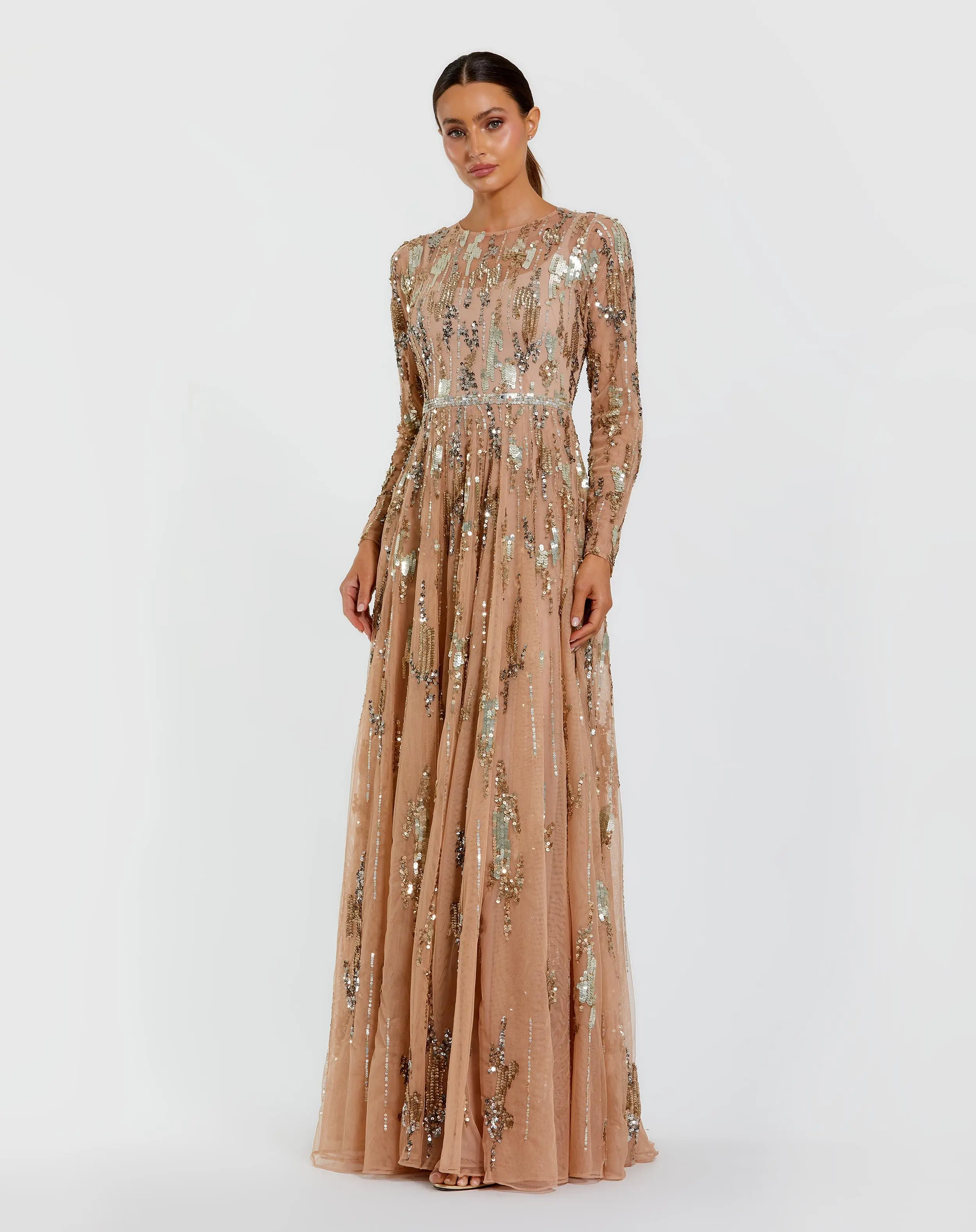 Beige Long Sleeve Sequin Embellished Gown - Special Events Unlimited