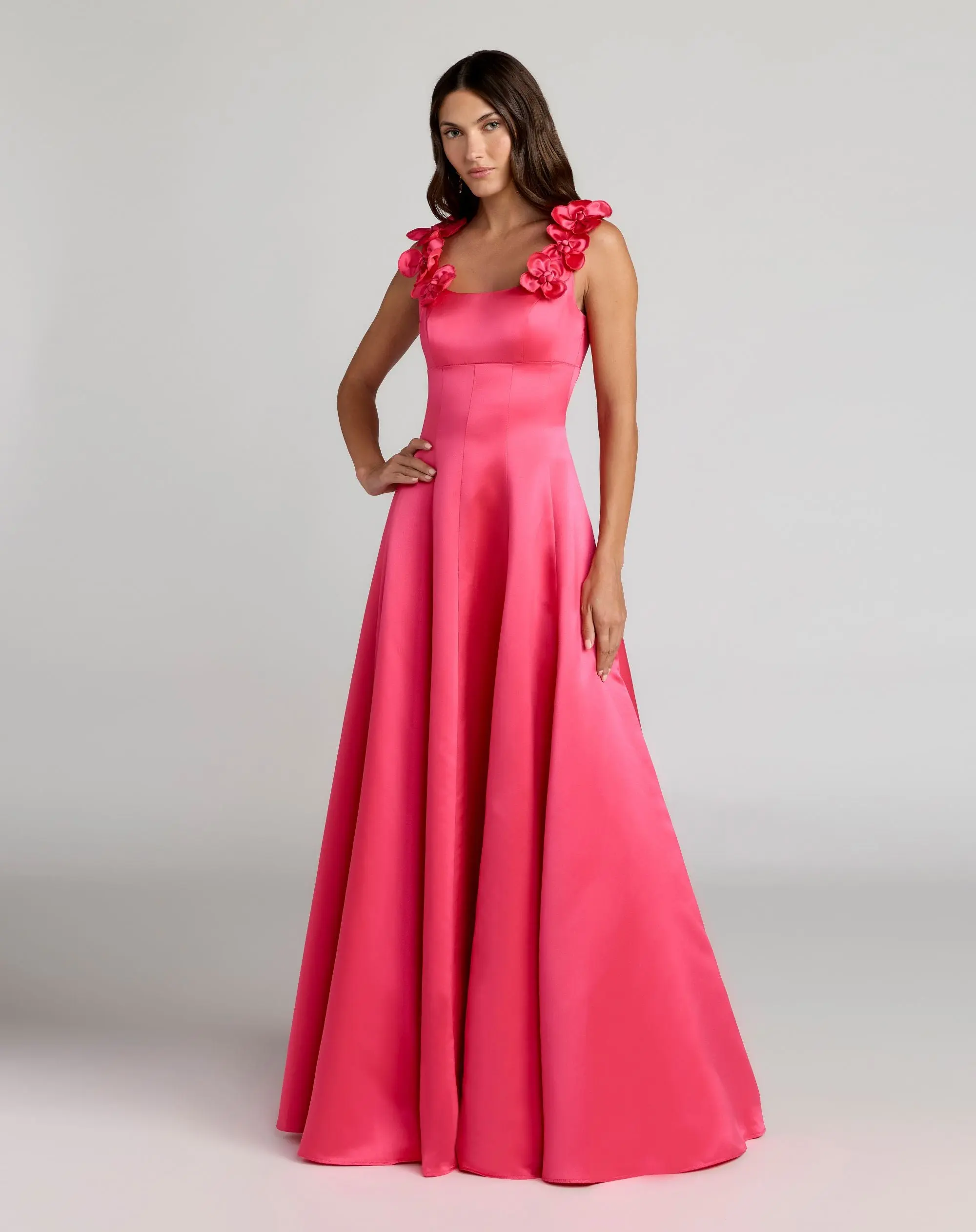 Pink Sleeveless Satin Ball Gown With 3D Flower Straps - Special Events Unlimited