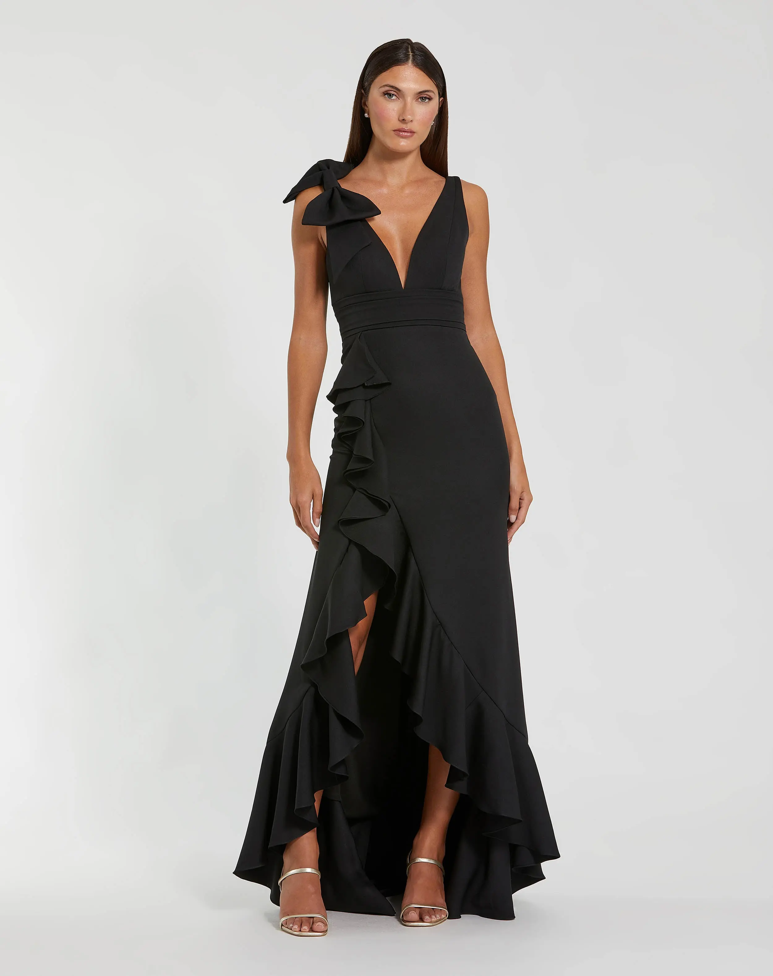 Black Sleeveless Ruffled V-Neck Gown With Bow - Special Events Unlimited