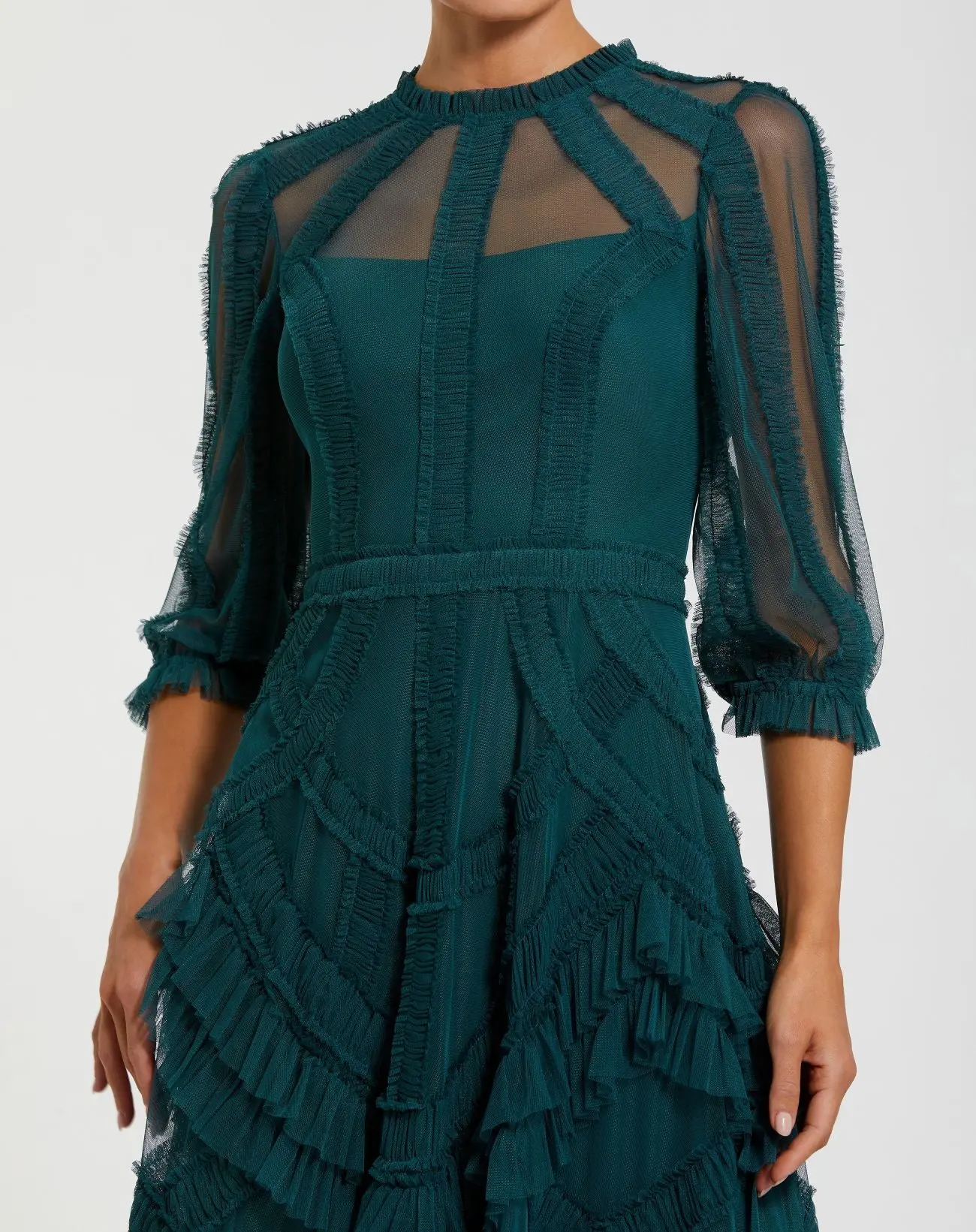 Teal High Neck Micro Ruffle Dress with 3/4 Puff Sleeves - Special Events Unlimited