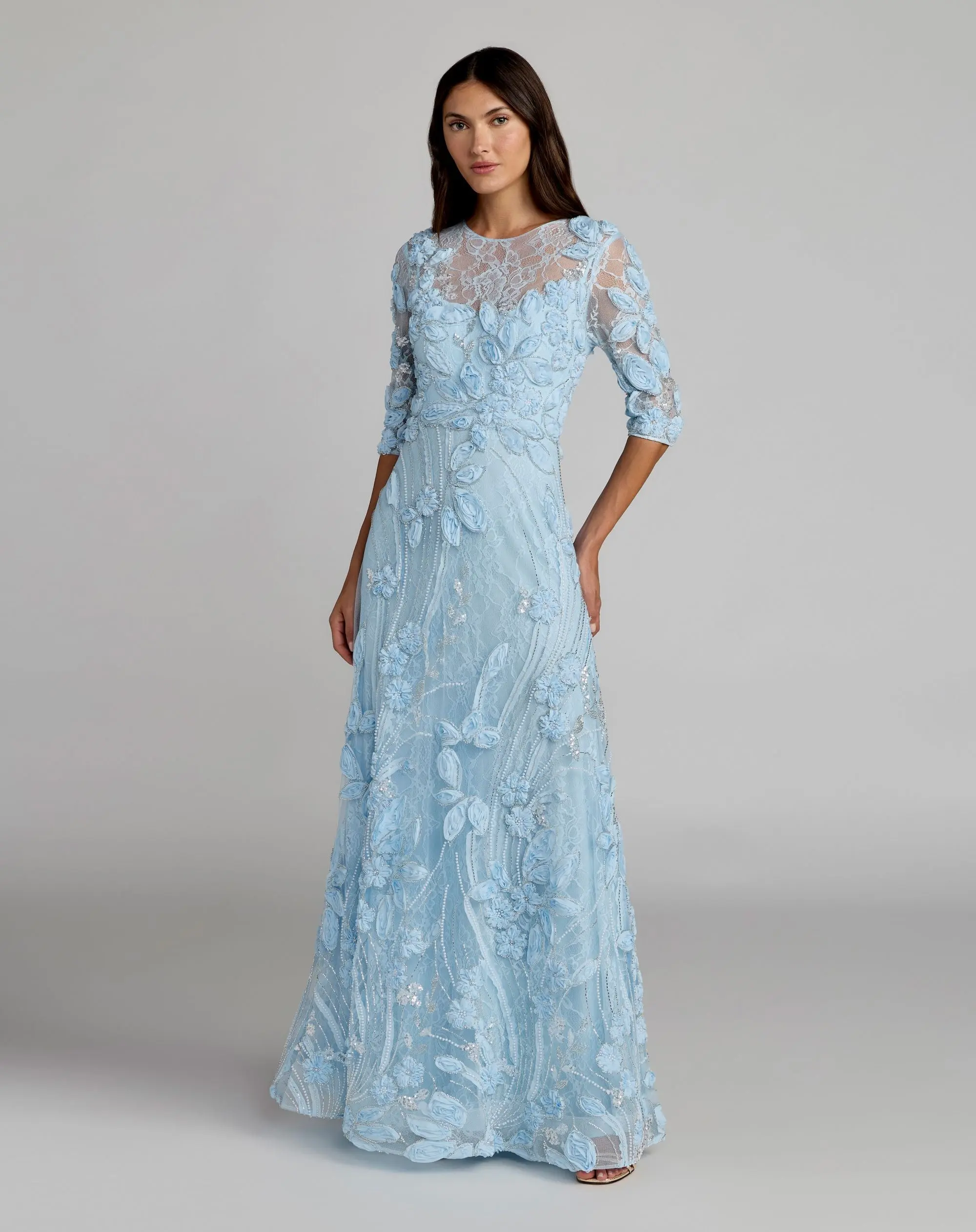Blue High Neck Embellished Lace Gown with 3/4 Sleeves - Special Events Unlimited