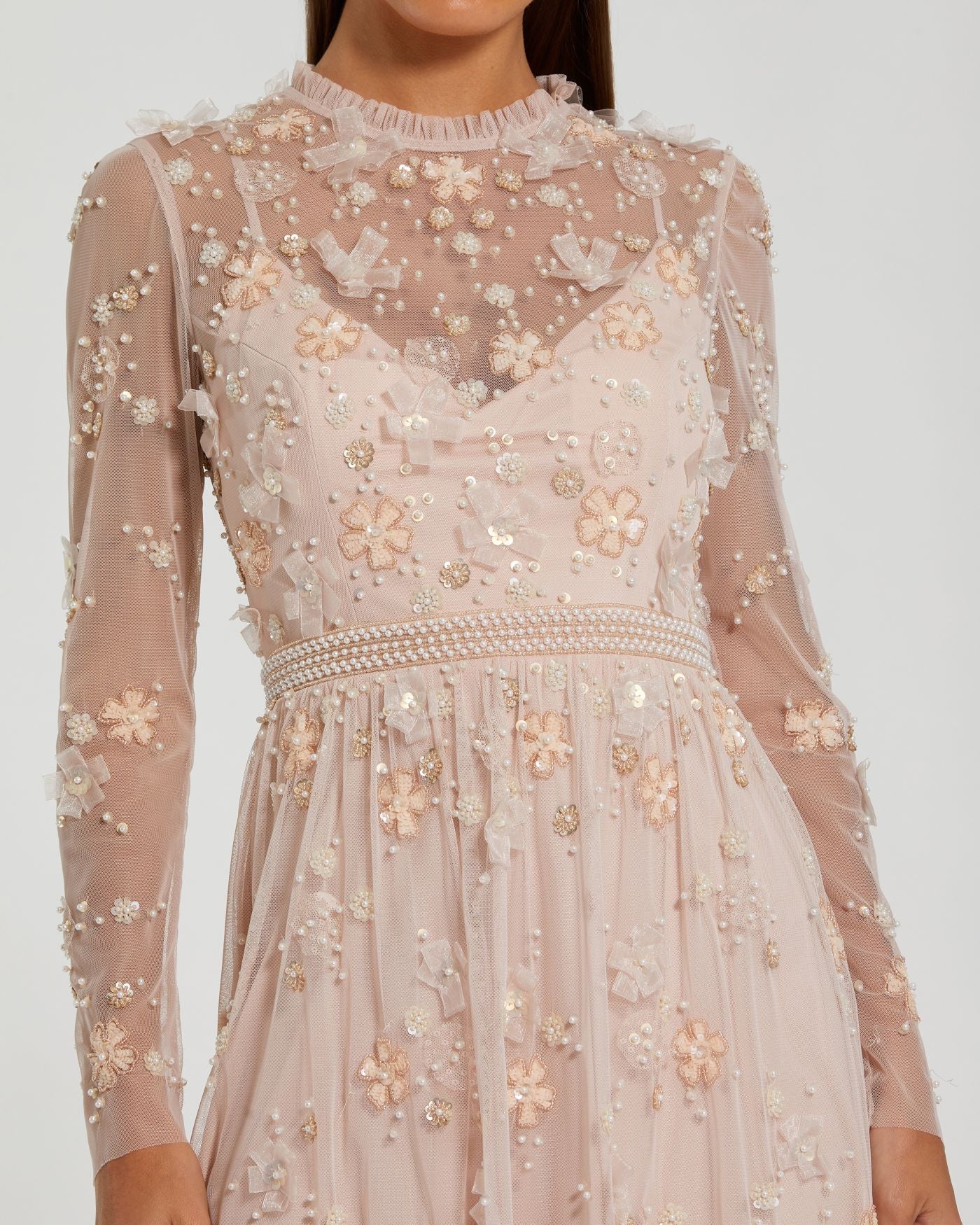 Light Pink Sheer Long Sleeve Embellished Mini Dress - Special Events Unlimited