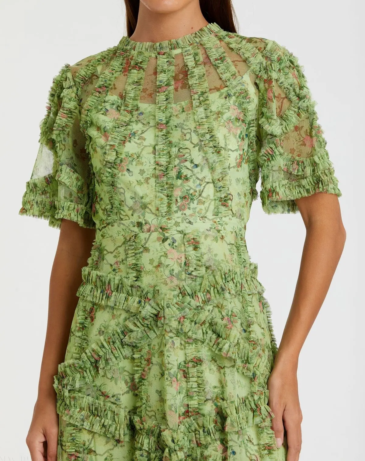Green Floral Midi Dress with Ruffle Detailing - Special Events Unlimited