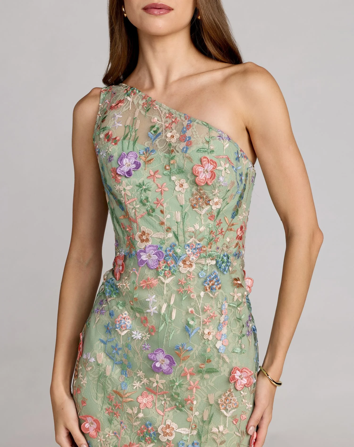 Petite Green One Shoulder Floral Embroidered Gown - Special Events Unlimited