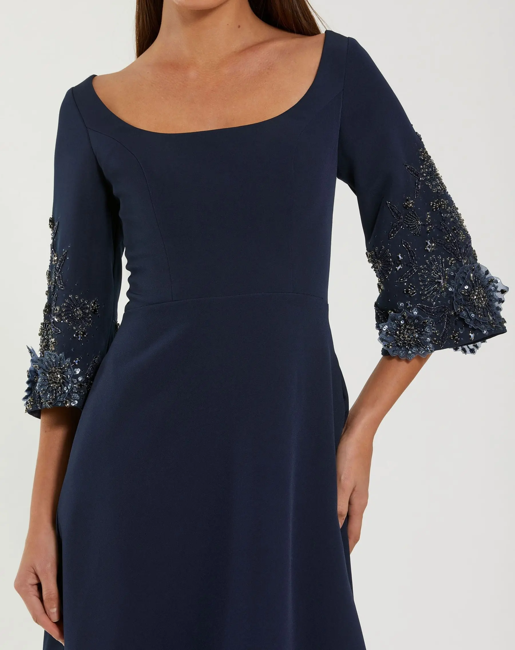 Navy Crepe Gown With Floral Embellished Sleeves - Special Events Unlimited