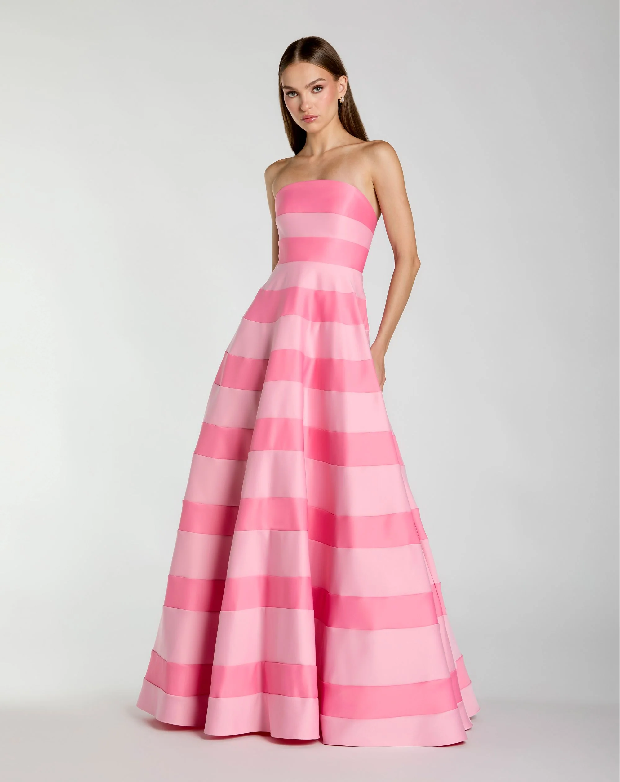 Petite Pink Striped Satin Strapless Ballgown With Pockets - Special Events Unlimited