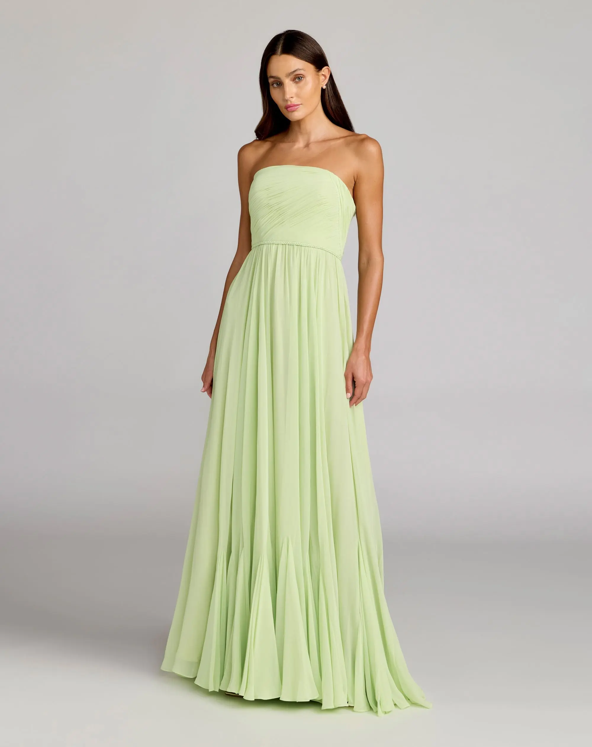 Green Strapless Chiffon Gown With Braided Belt - Special Events Unlimited