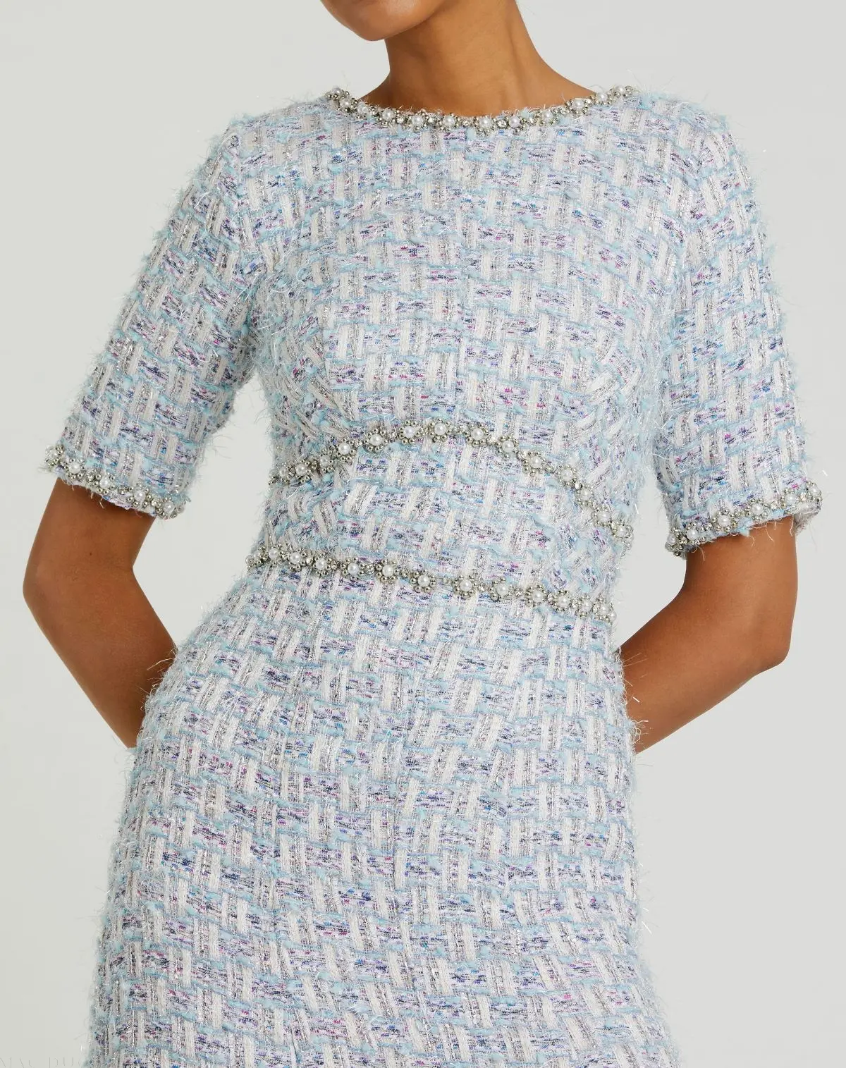 Blue Short Sleeve Beaded Trim Boucle Midi Dress - Special Events Unlimited