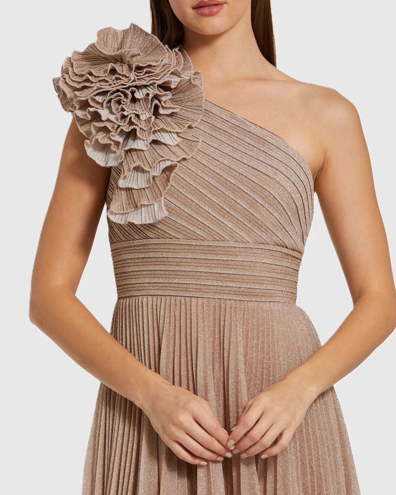 Pink Pleated One Shoulder Ruffle Gown - Special Events Unlimited