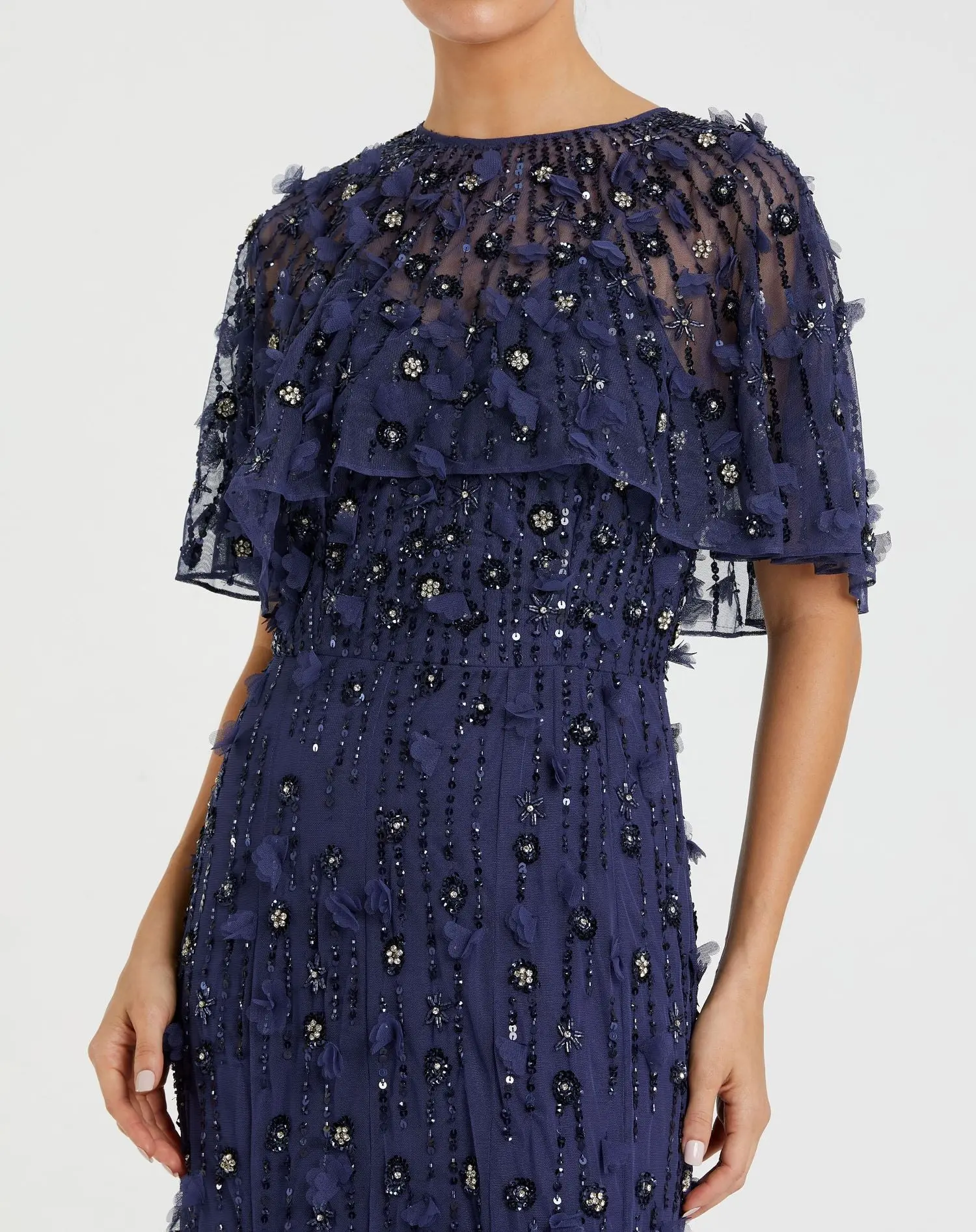 Navy Embellished Illusion Cape Sleeve Trumpet Gown - Special Events Unlimited