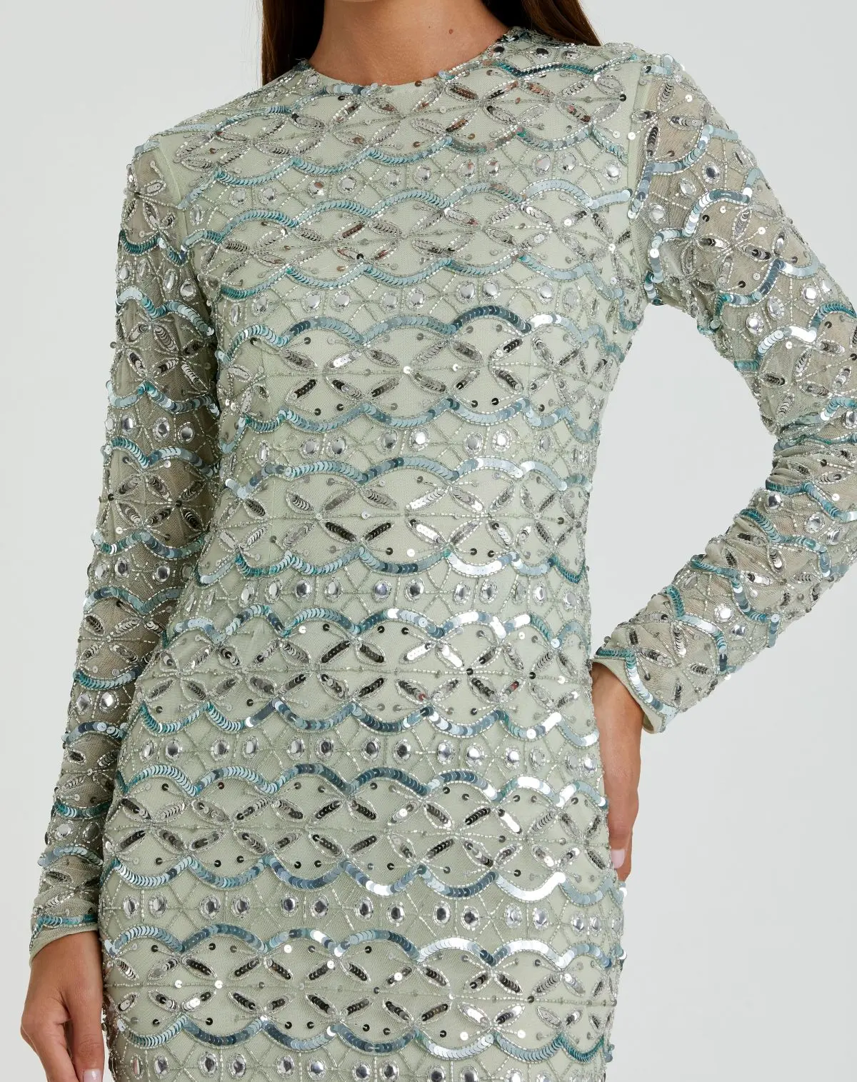 Green High Neck Long Sleeve Embellished Dress - Special Events Unlimited