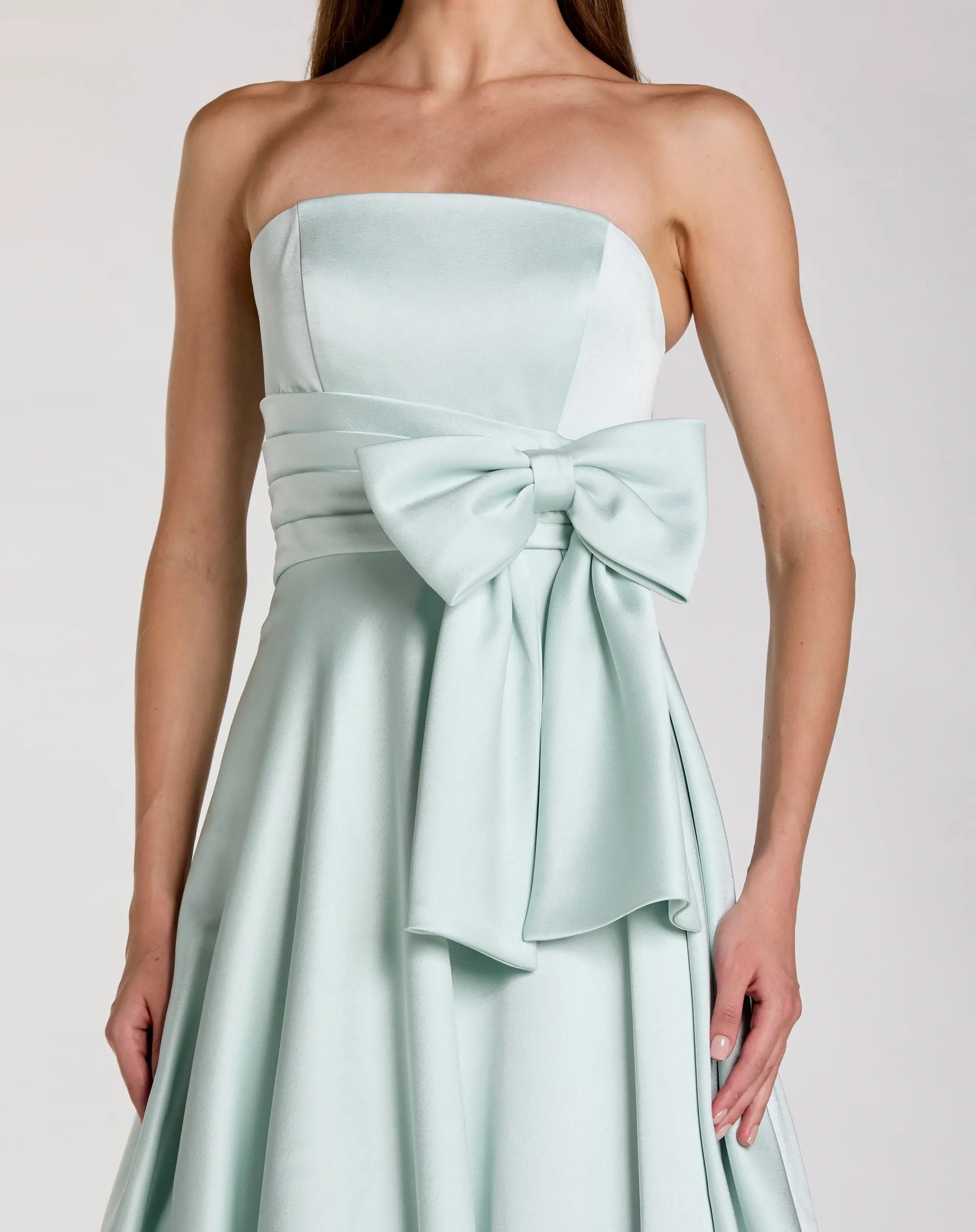 Green Strapless Satin Ball Gown With Bow Detail - Special Events Unlimited