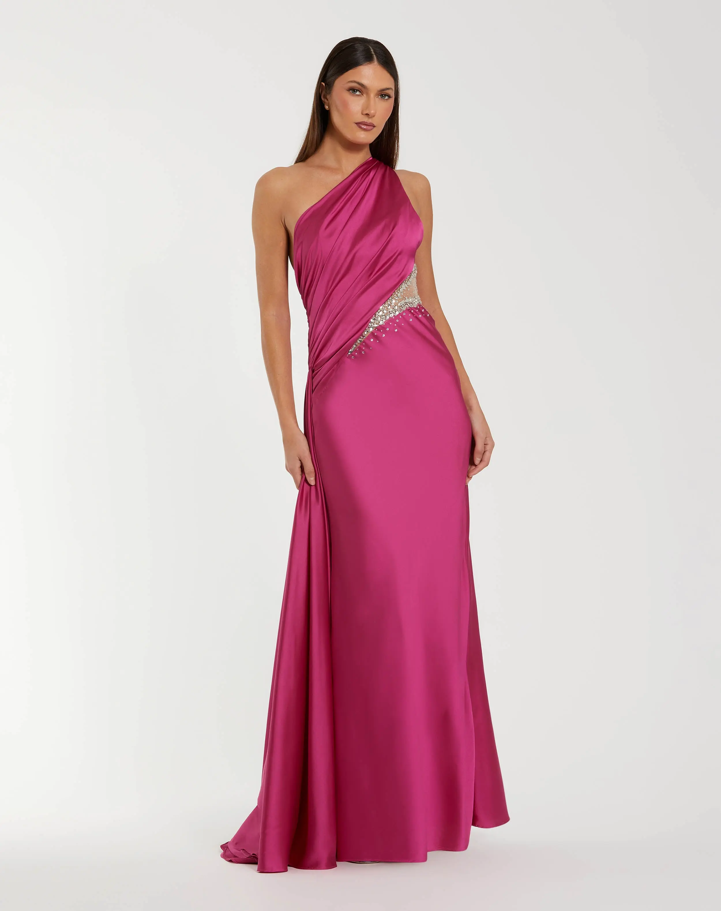 Dark Pink One Shoulder Charmeuse Gown With Beaded Cutout - Special Events Unlimited