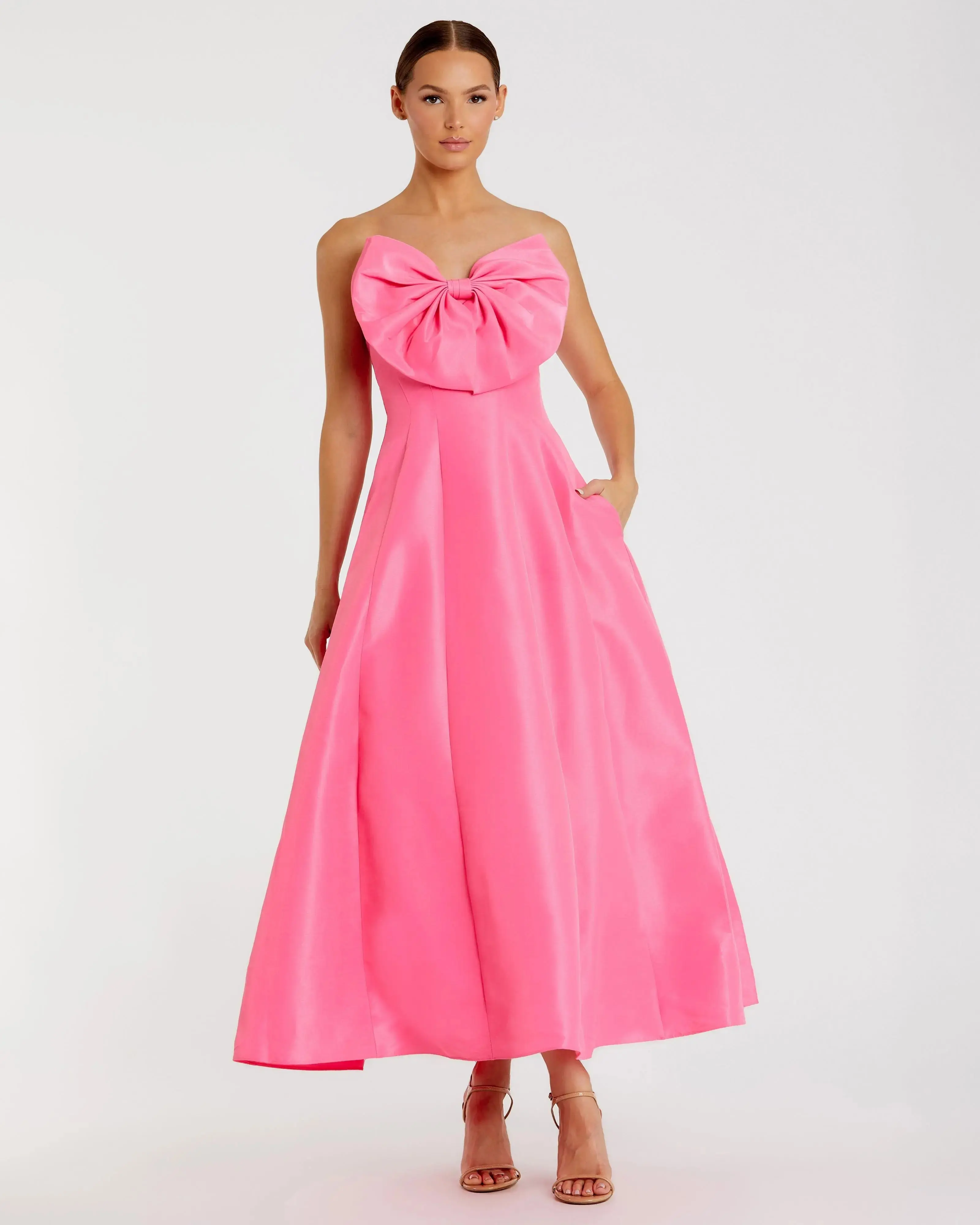 Pink Strapless A-Line Tea Length Statement Bow Dress - Special Events Unlimited