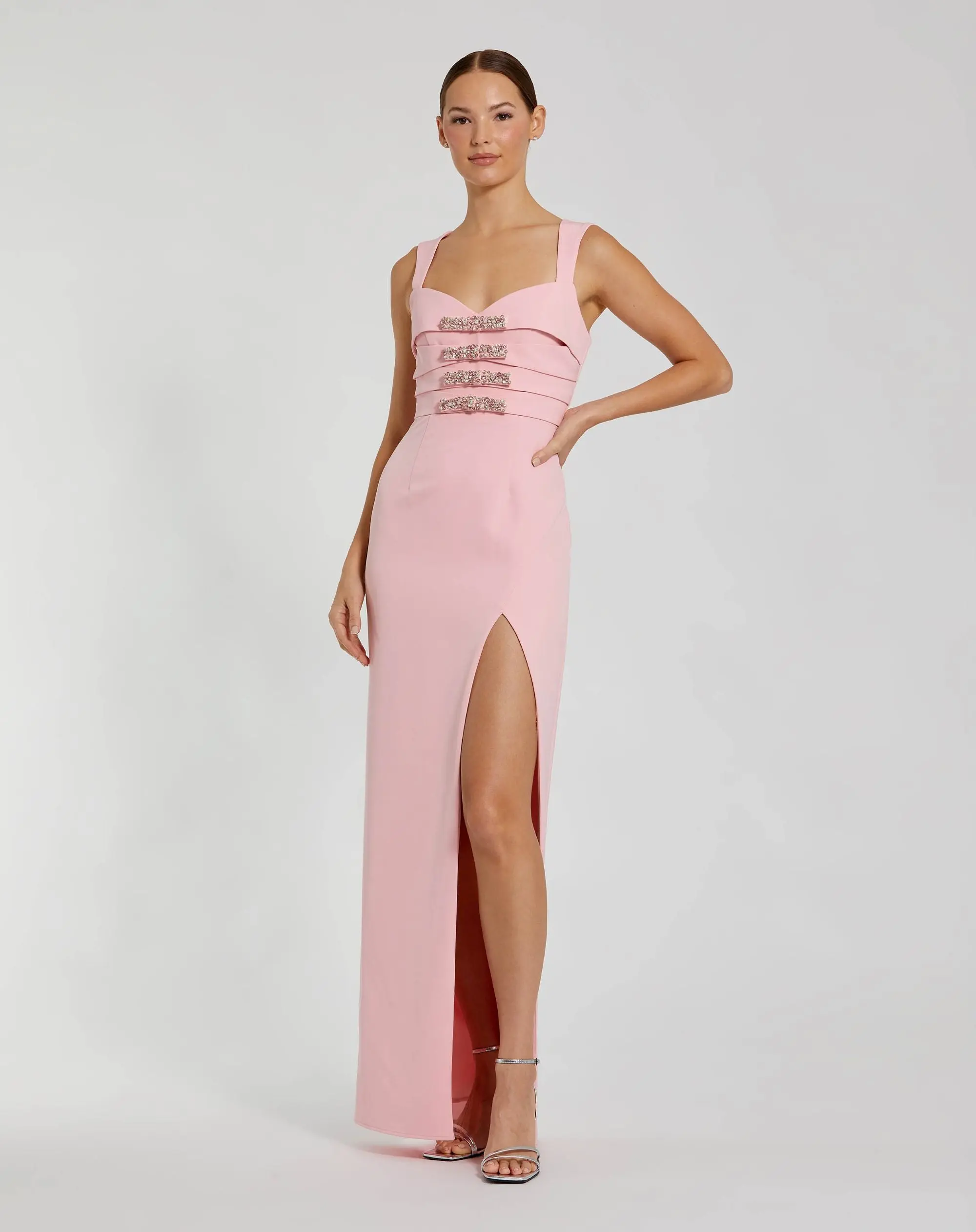 Pink Sleeveless Crepe Gown With Embellished Bows - Special Events Unlimited