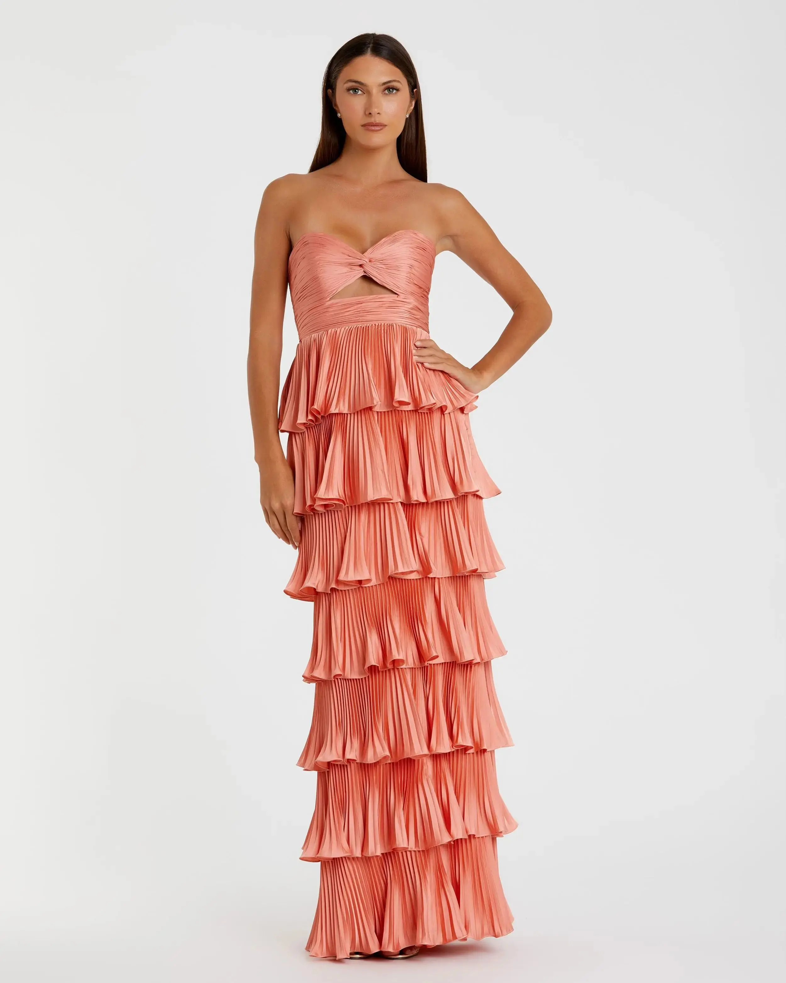 Pink Pleated Charmeuse Strapless Tiered Ruffle Gown - Special Events Unlimited