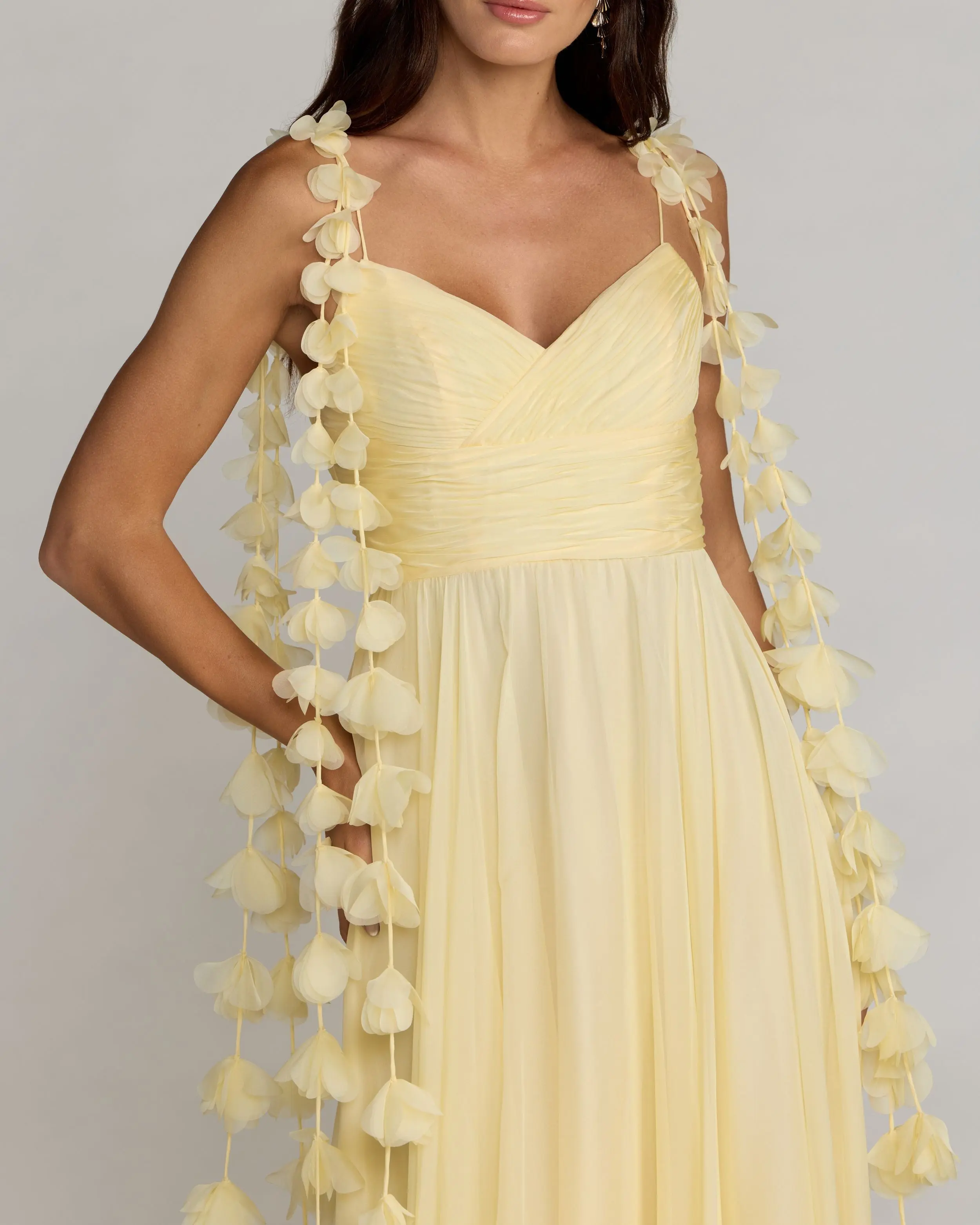 Yellow Chiffon A Line Gown With 3D Flower Straps - Special Events Unlimited