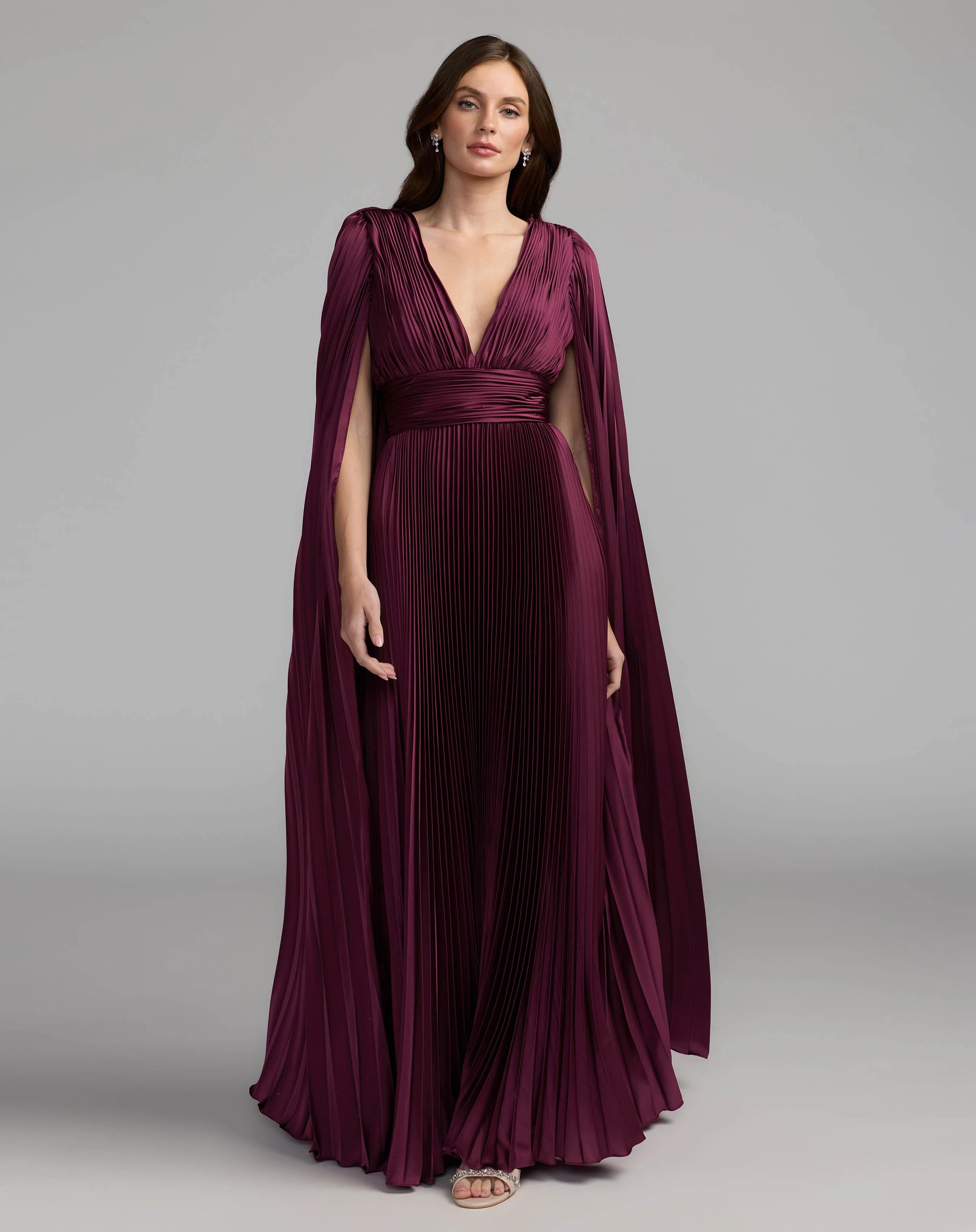 Purple Pleated Charmeuse V Neck Gown With Cape - Special Events Unlimited