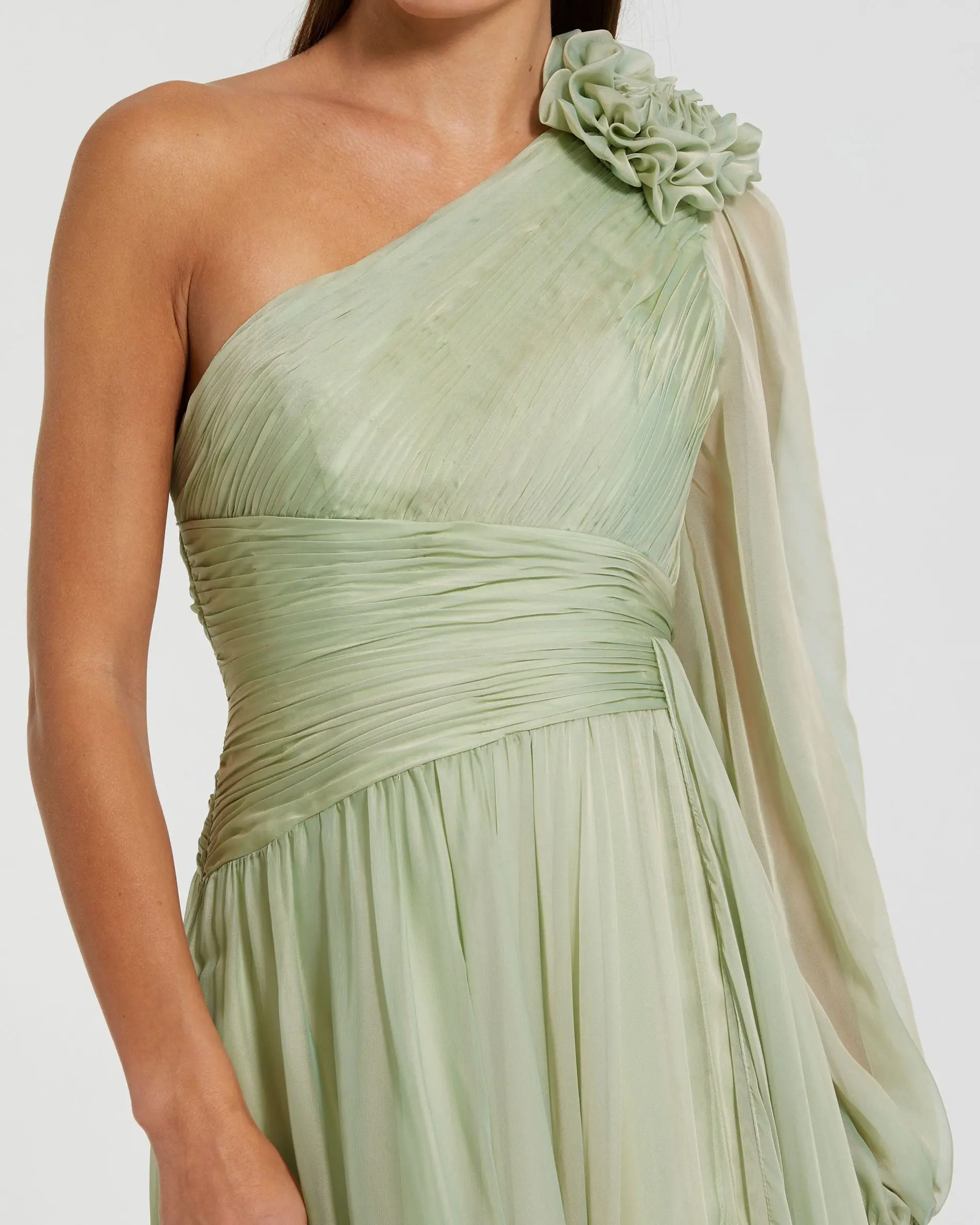 Sage Green One Shoulder 3D Flower Gown With Slit - Special Events Unlimited