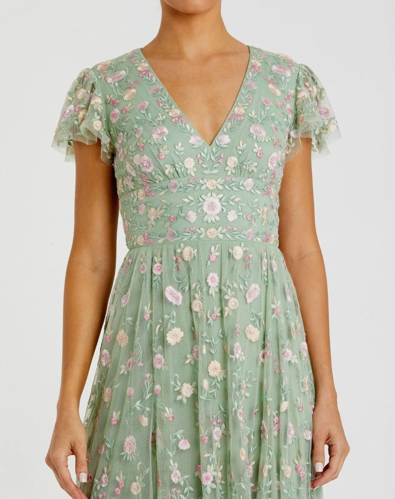 Green Multicolor Embroidered V Neck Cap Sleeve Midi Dress - Special Events Unlimited
