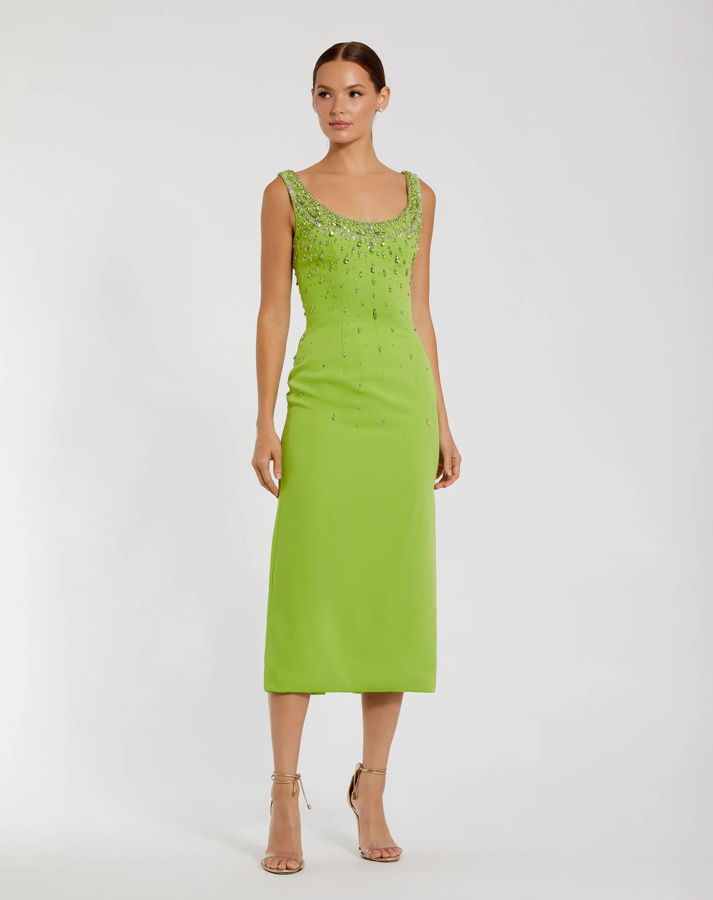 Green Beaded Crepe Scoop Neck Sleeveless Midi Dress - Special Events Unlimited