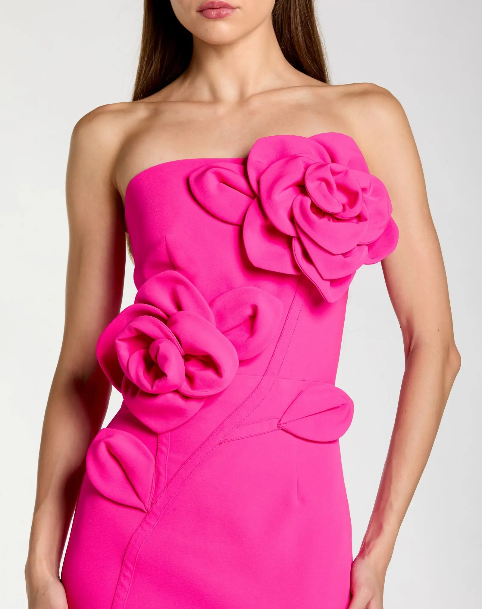 Pink Strapless Crepe Dress With 3D Flower Detail - Special Events Unlimited