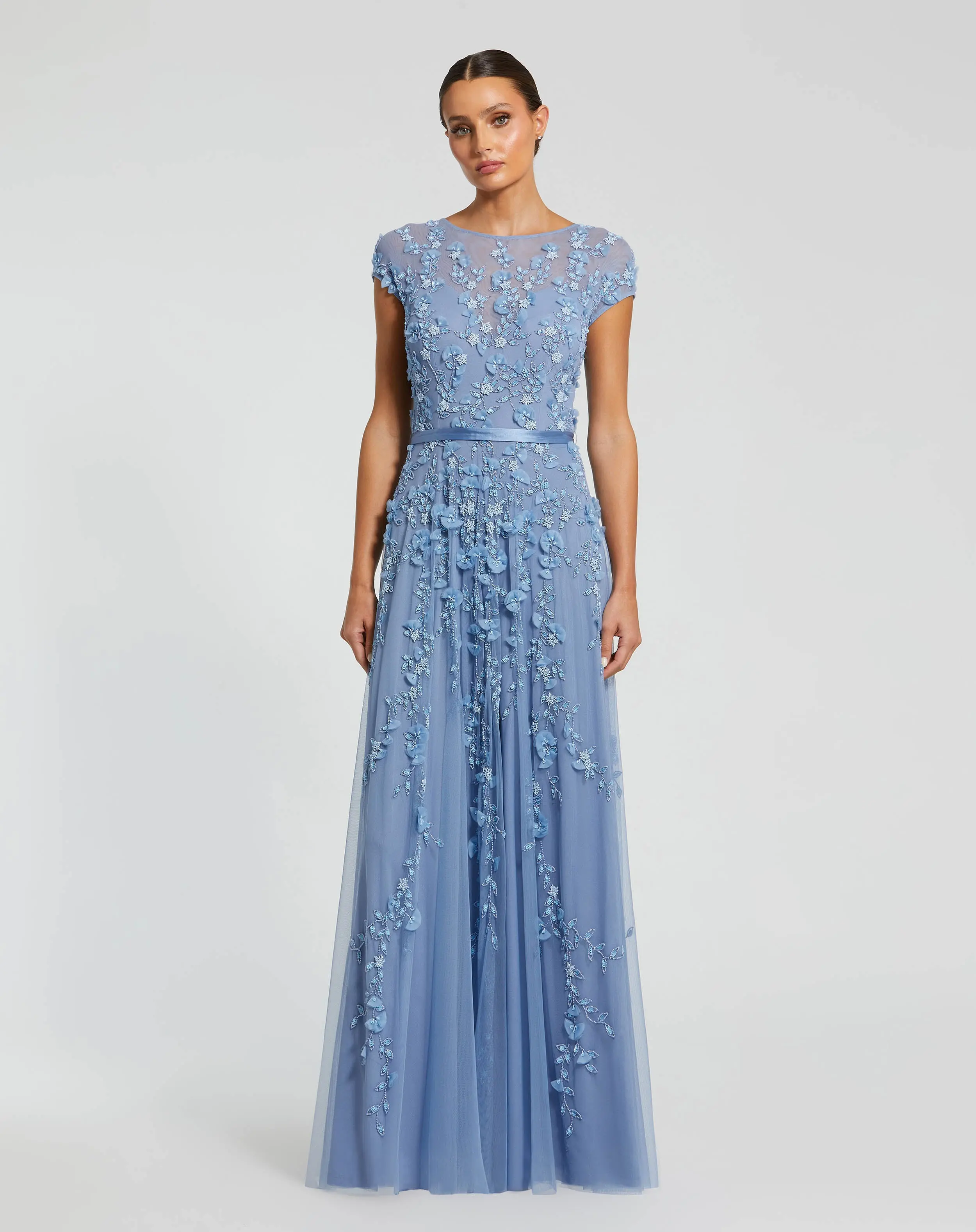 Petite Blue Floral Embellished Cap Sleeve Gown - Special Events Unlimited