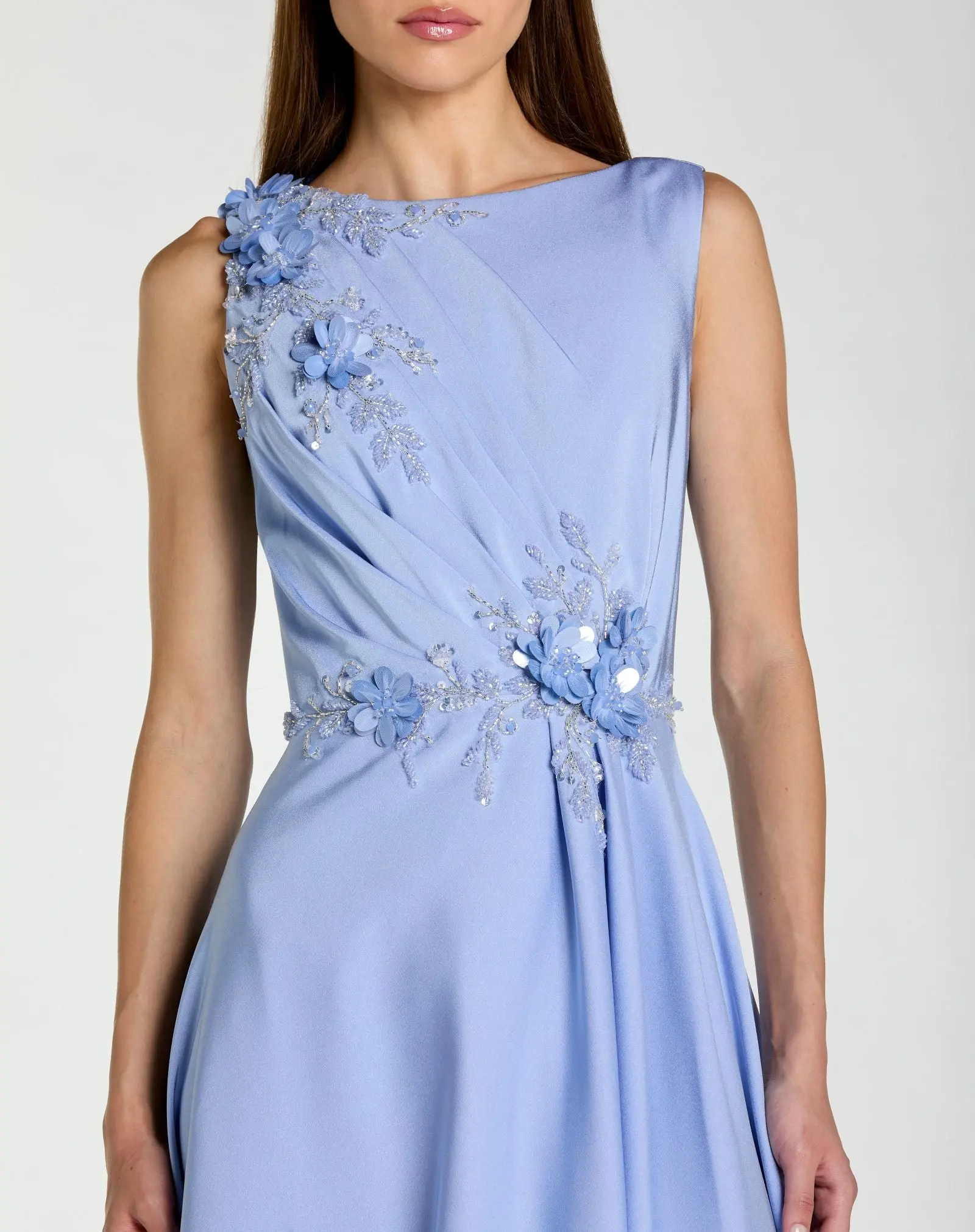 Blue Floral Applique Sleeveless A Line Gown - Special Events Unlimited