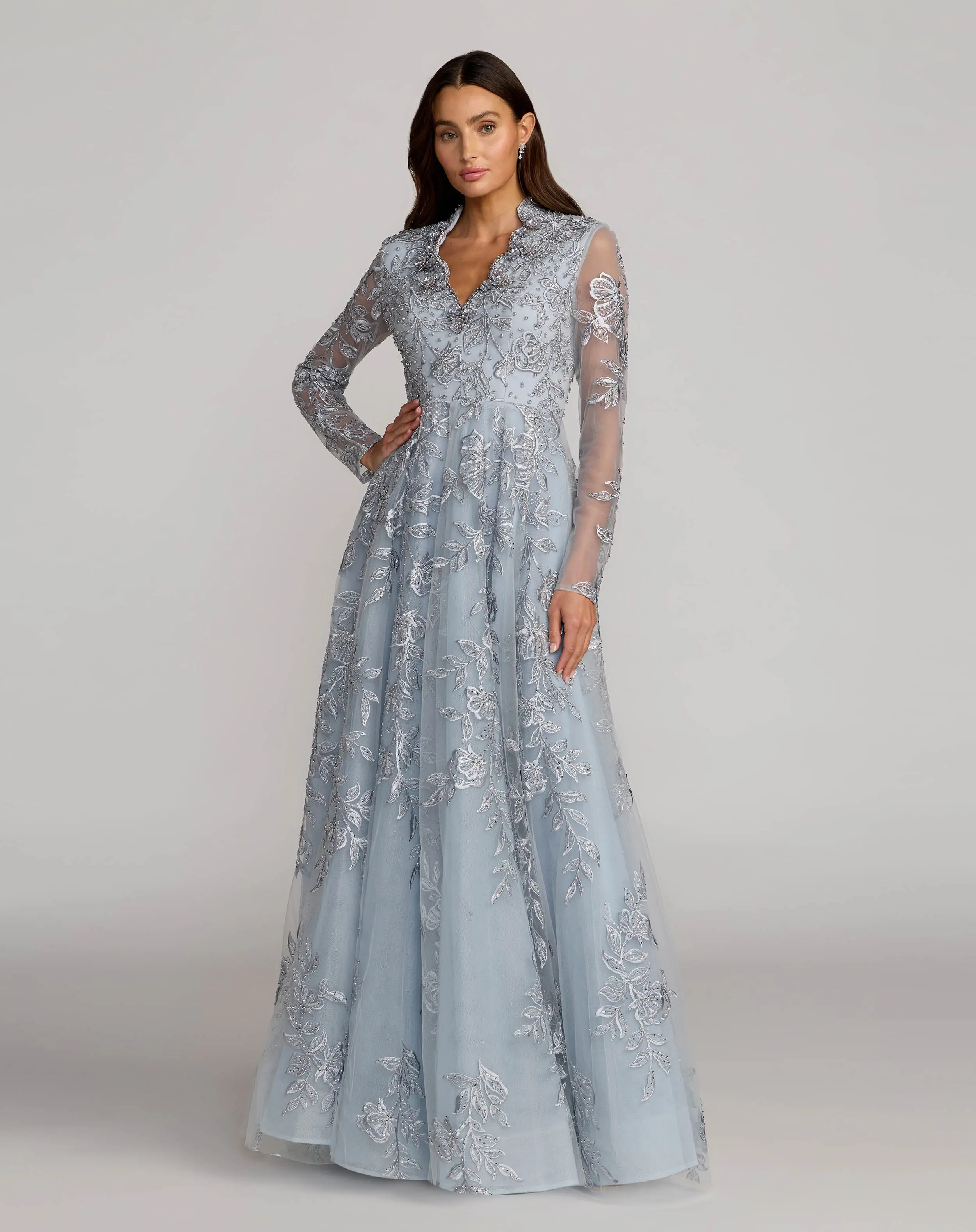 Blue Embroidered V-Neck Long Sleeve Gown - Special Events Unlimited