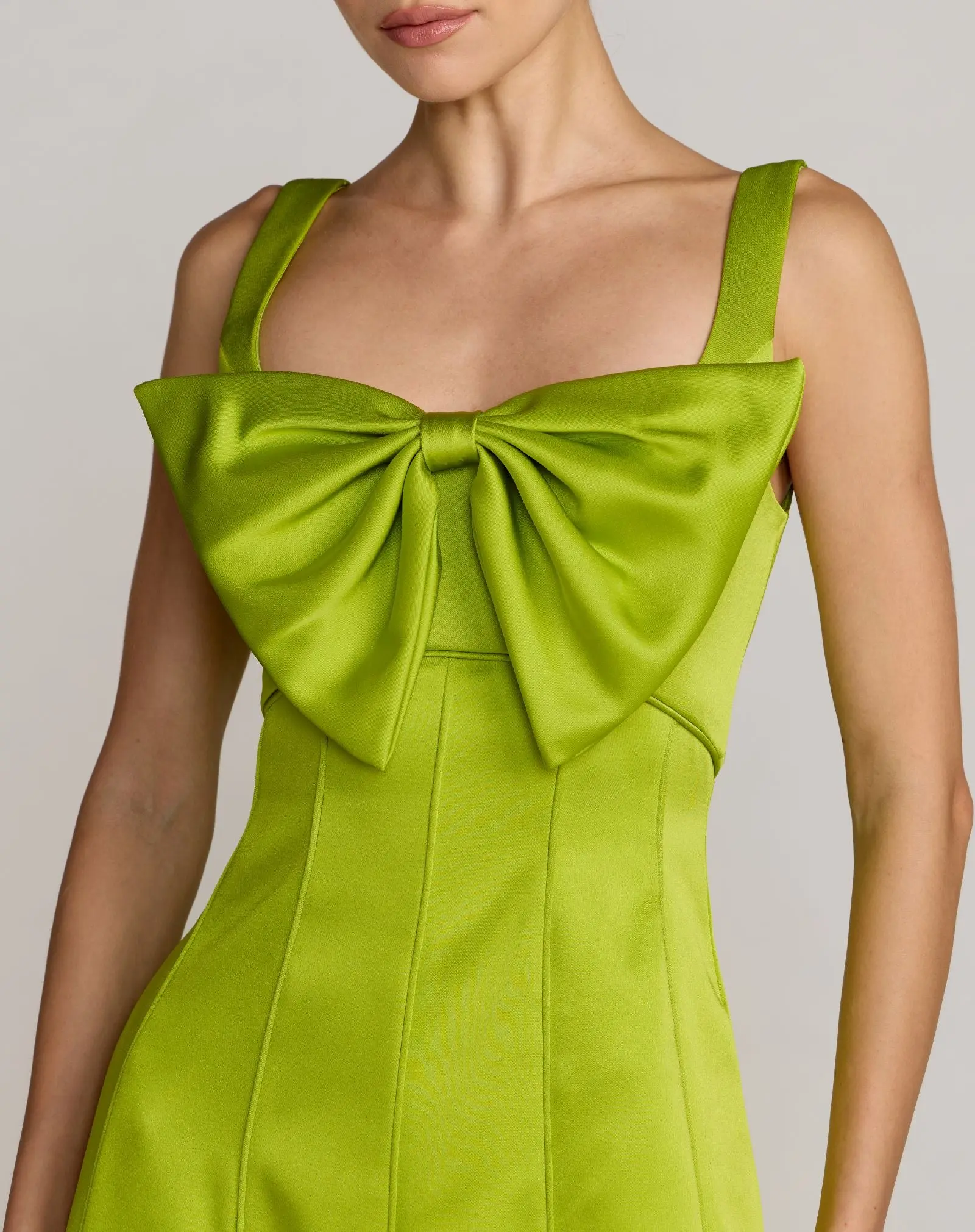 Green Sleeveless Satin Midi Dress With Bow Detail - Special Events Unlimited