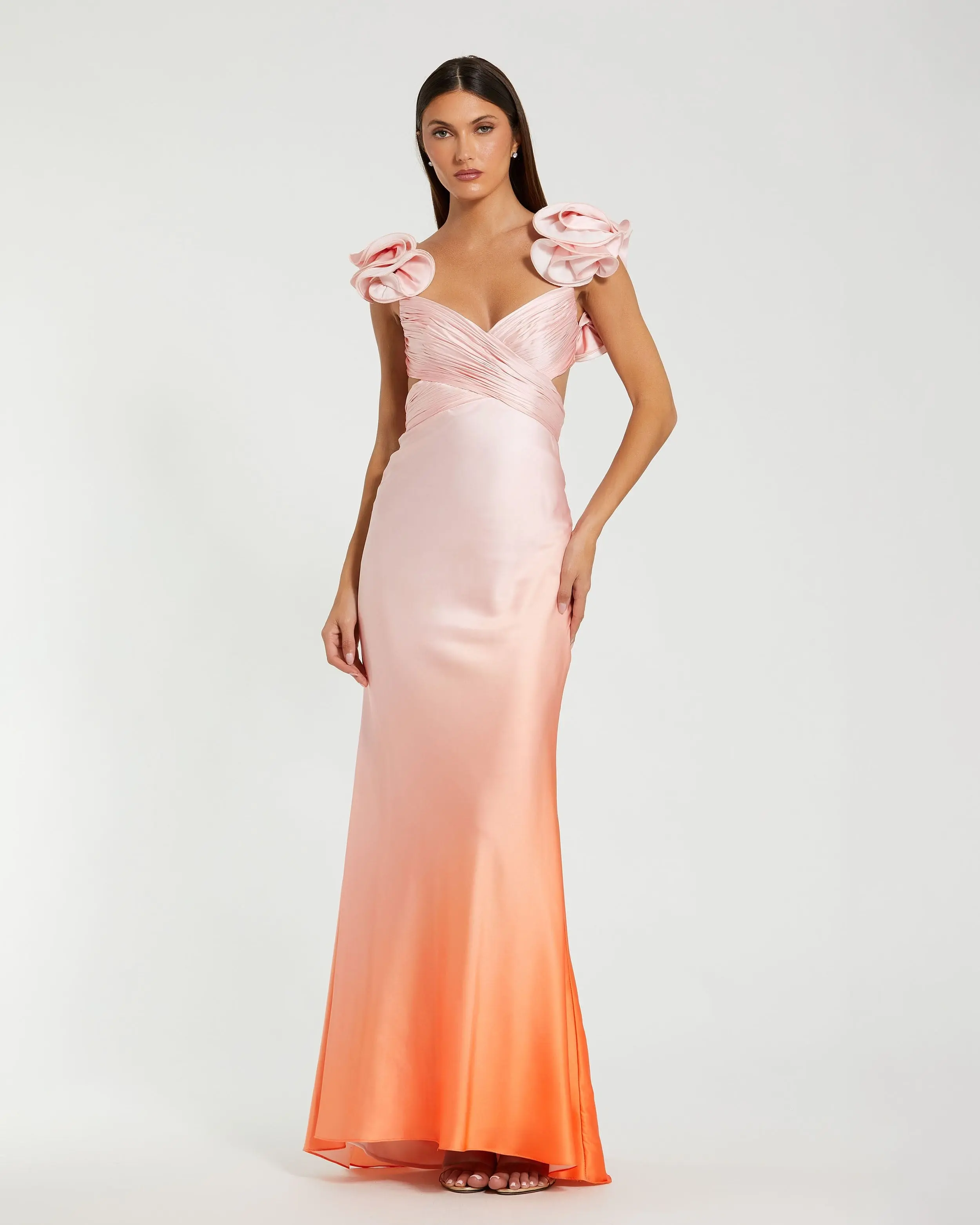 Pink and Orange Charmeuse Ruffle Strap Crossover Ombre Gown - Special Events Unlimited