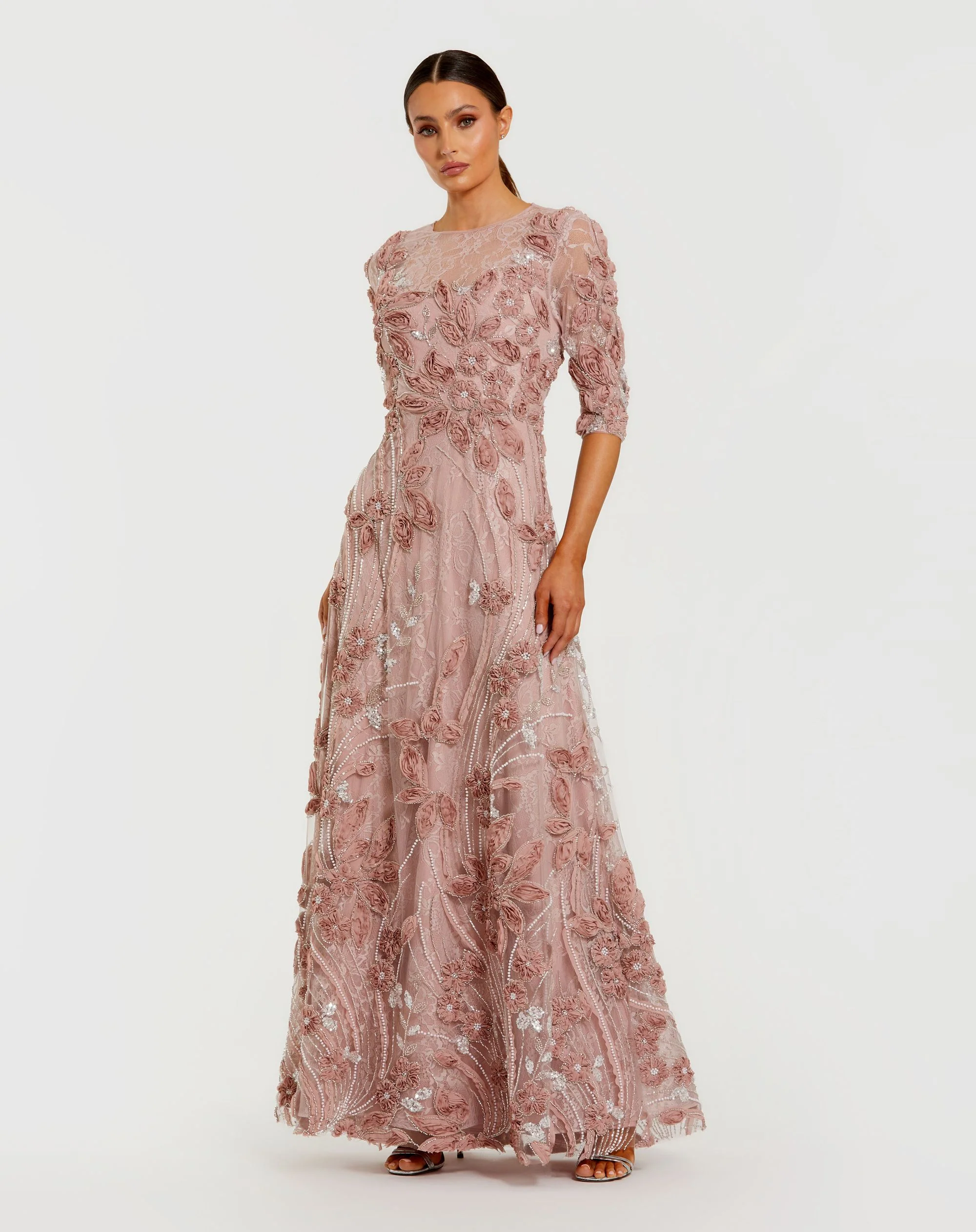 Petite Pink High Neck Embellished Lace Gown with 3/4 Sleeves - Special Events Unlimited