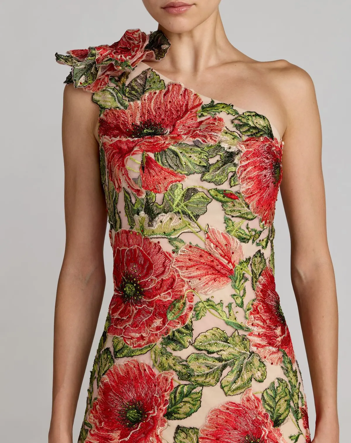 Beige Embroidered One Shoulder Dress With Fringe Hem - Special Events Unlimited
