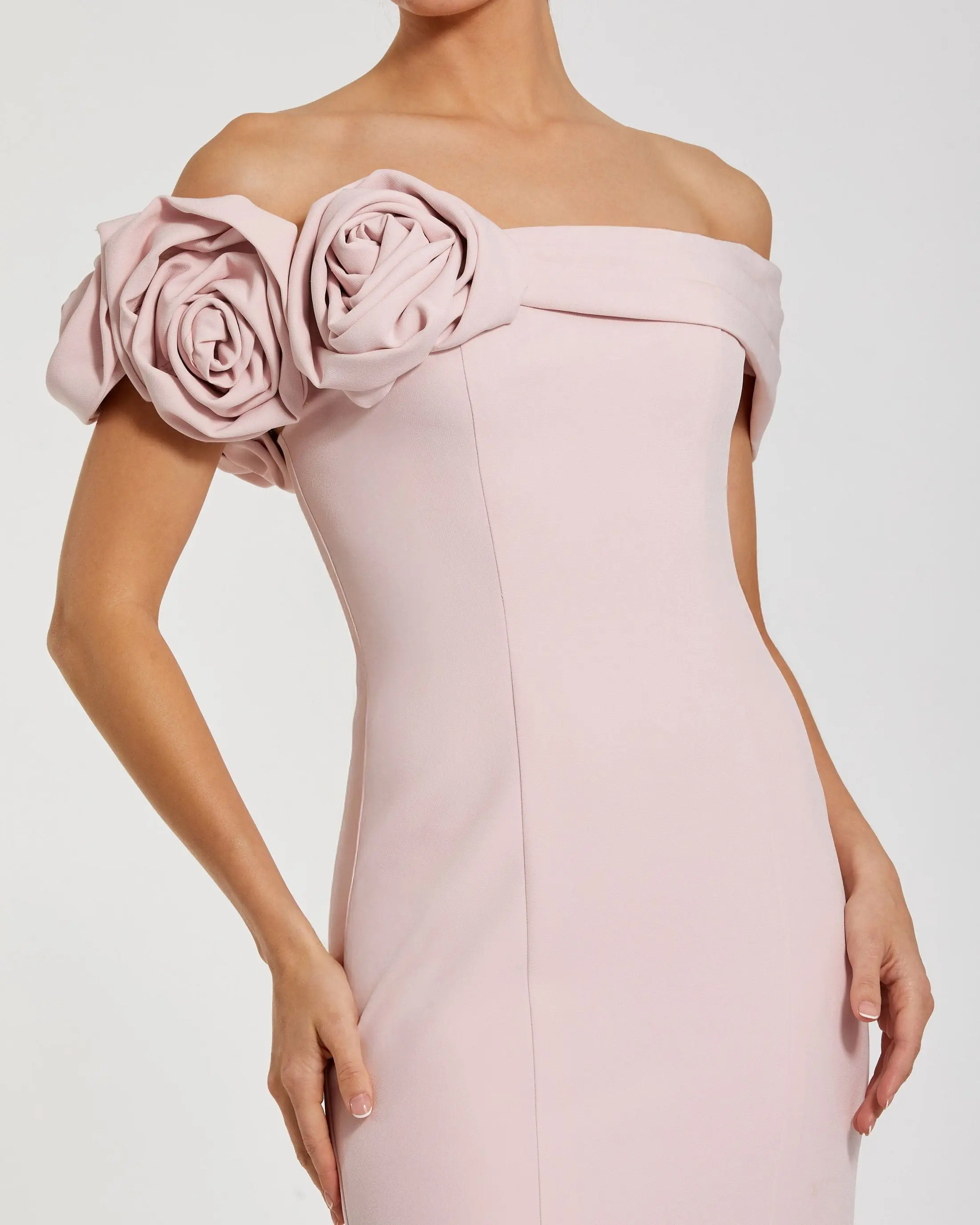 Light Pink Off The Shoulder Crepe Mermaid Gown - Special Events Unlimited