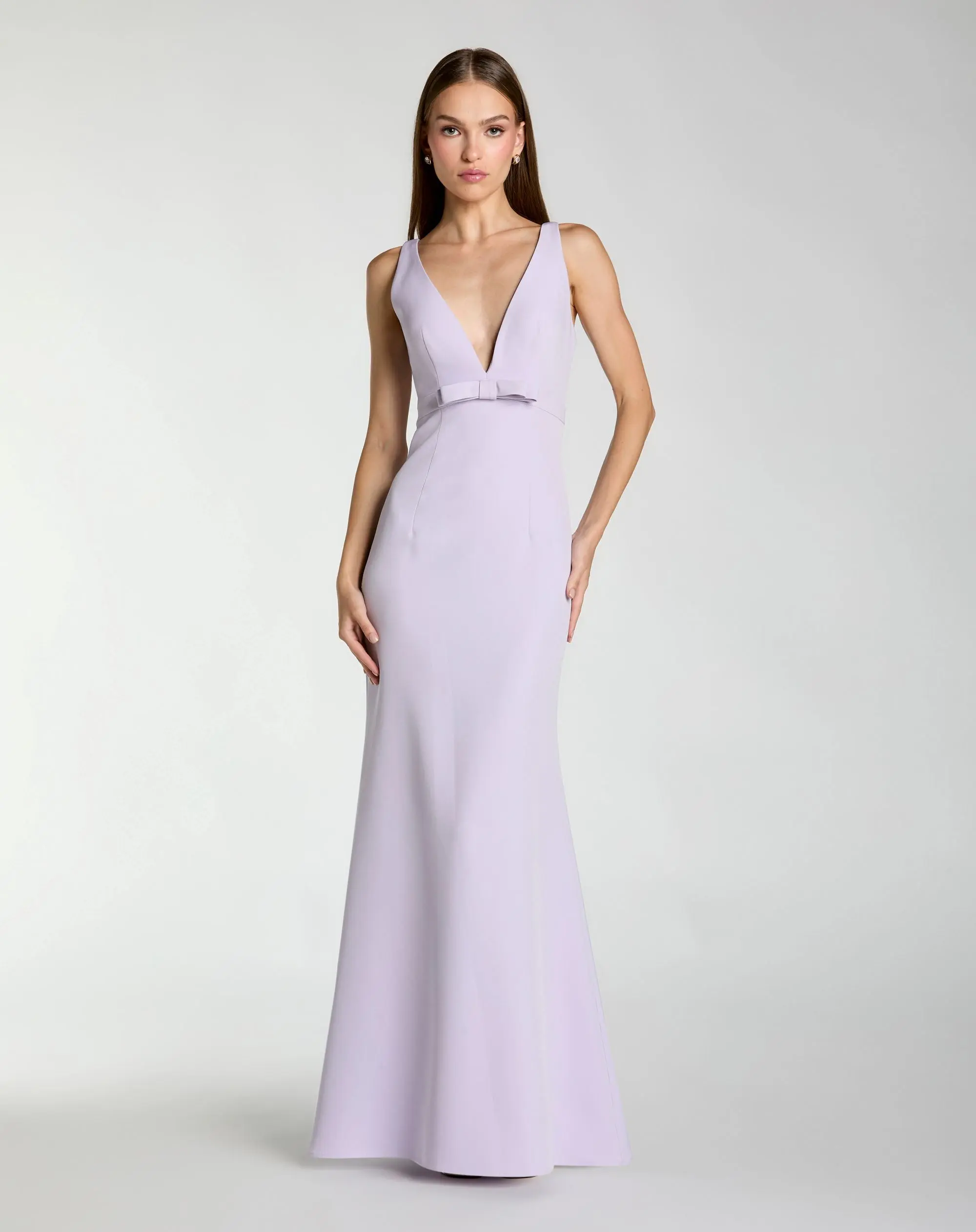 Purple Sleeveless V Neck Mermaid Gown With Bow - Special Events Unlimited