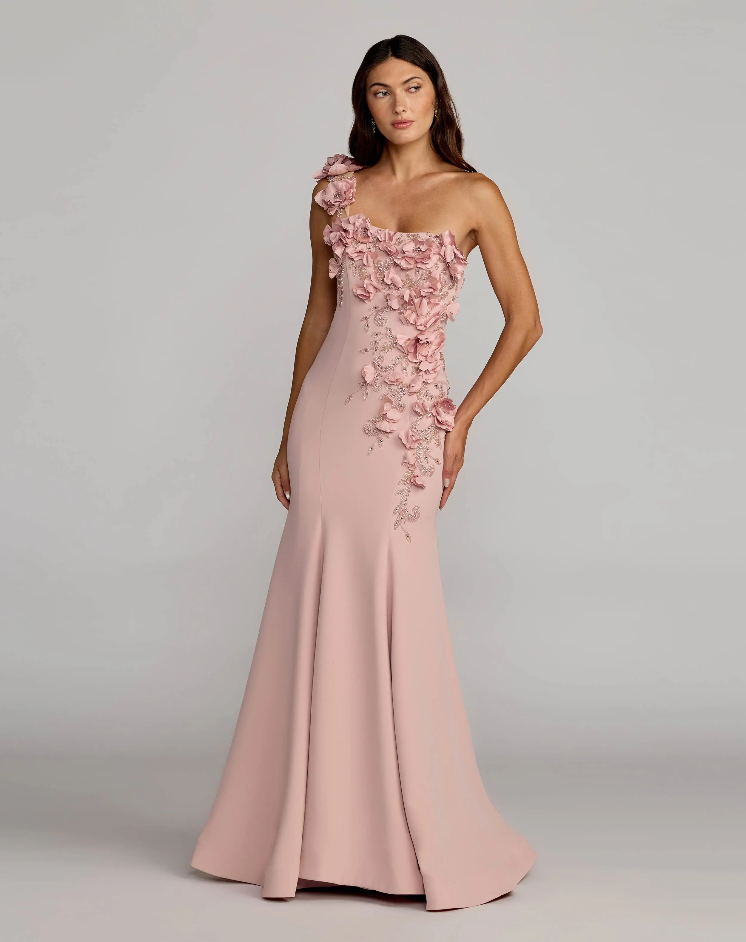 Pink One Shoulder Floral Embellished Mermaid Gown - Special Events Unlimited